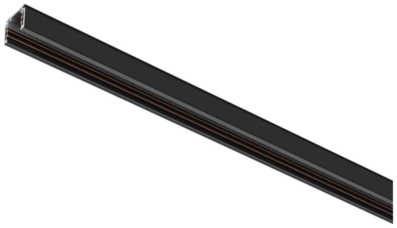 Langes, schwarzes LED-Lichtprofil, das für industrielle Anwendungen verwendet wird. Schlichtes, modernes Design ohne sichtbare Lichtquelle.