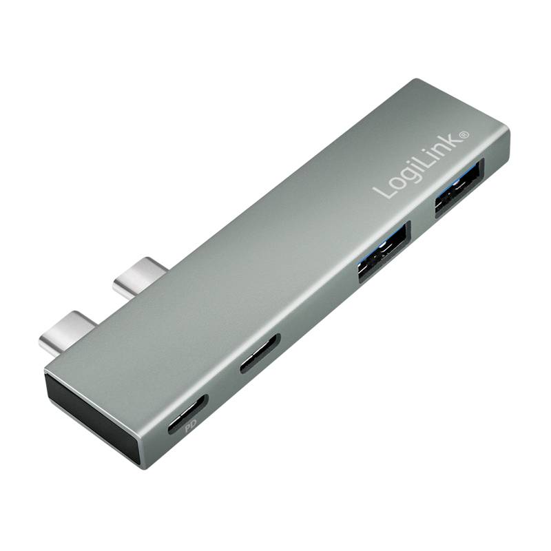 USB-C-Hub mit mehreren Anschlüssen: zwei USB-Anschlüsse, HDMI, SD-Kartenleser. Design in Silber. Markenname 'LogiLink'.
