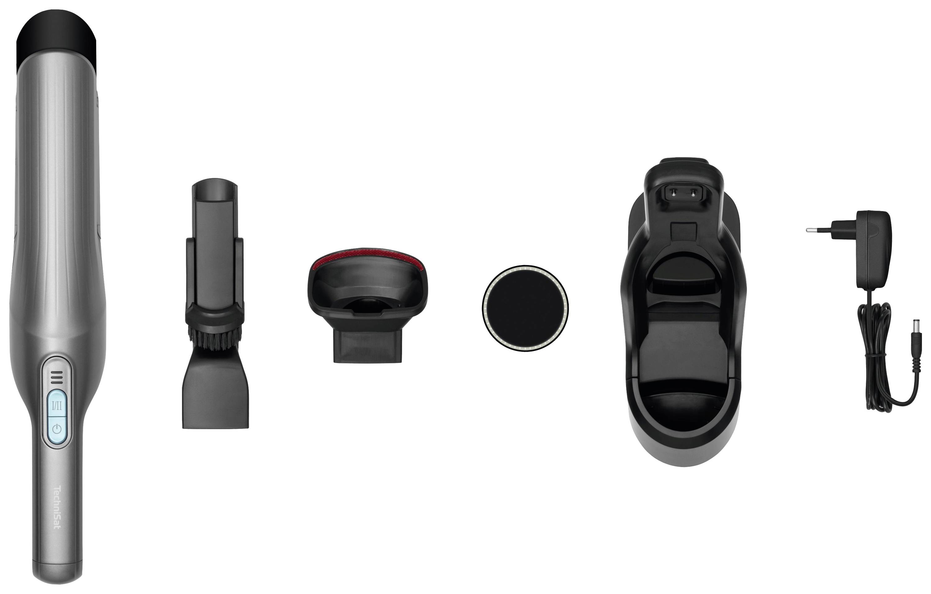 Kompakter kabelloser Staubsauger mit verschiedenen Aufsätzen und Ladestation. Ideal für flexible Reinigungseinsätze.