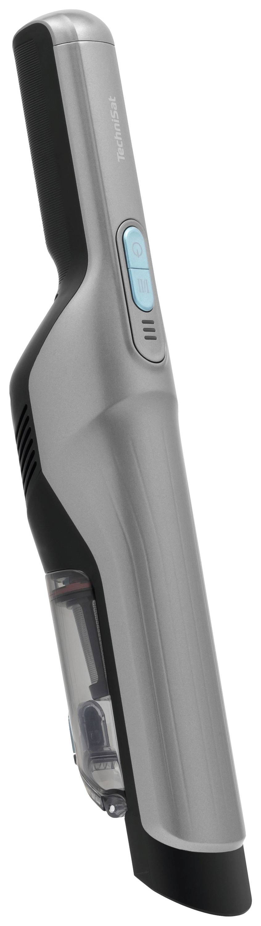 Schnurloser Handstaubsauger mit schlankem, grauen Design, blauen Bedienelementen und transparentem Staubbehälter. Ideal für kleine Reinigungsarbeiten.