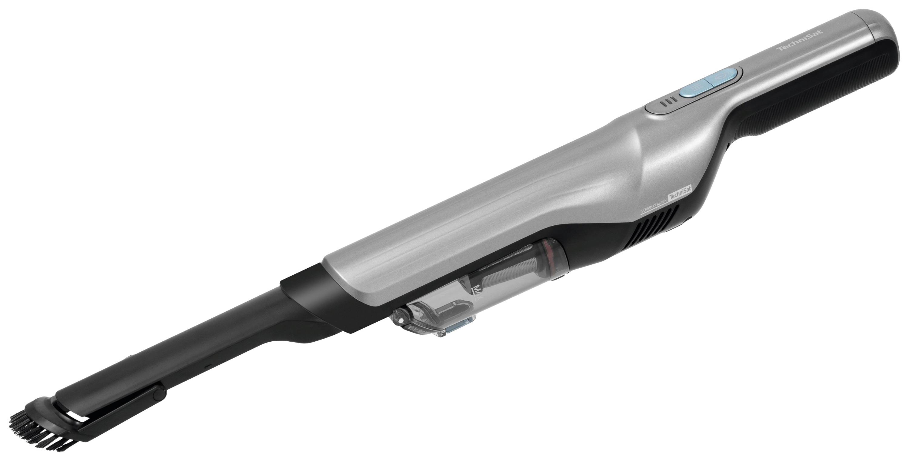 Ein schnurloser, silberner Haushaltshandstaubsauger mit schmalem Aufsatz und sichtbarem Staubbehälter.