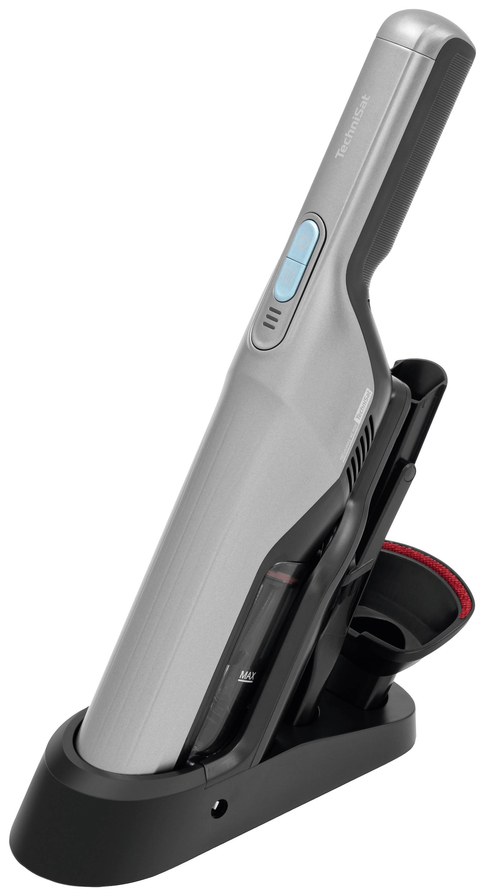 Ein kabelloser Handstaubsauger in einer Ladestation. Das Gerät ist grau mit blauen Bedienknöpfen und ideal für kleine Reinigungsaufgaben.