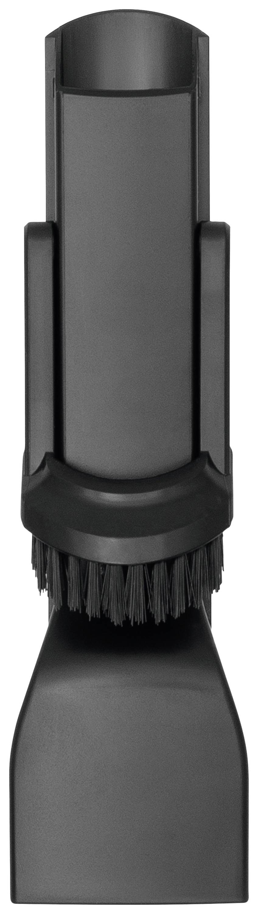 Ein schwarzes Staubsaugerzubehör mit Bürstenaufsatz, das für enge und schwer erreichbare Stellen geeignet ist.