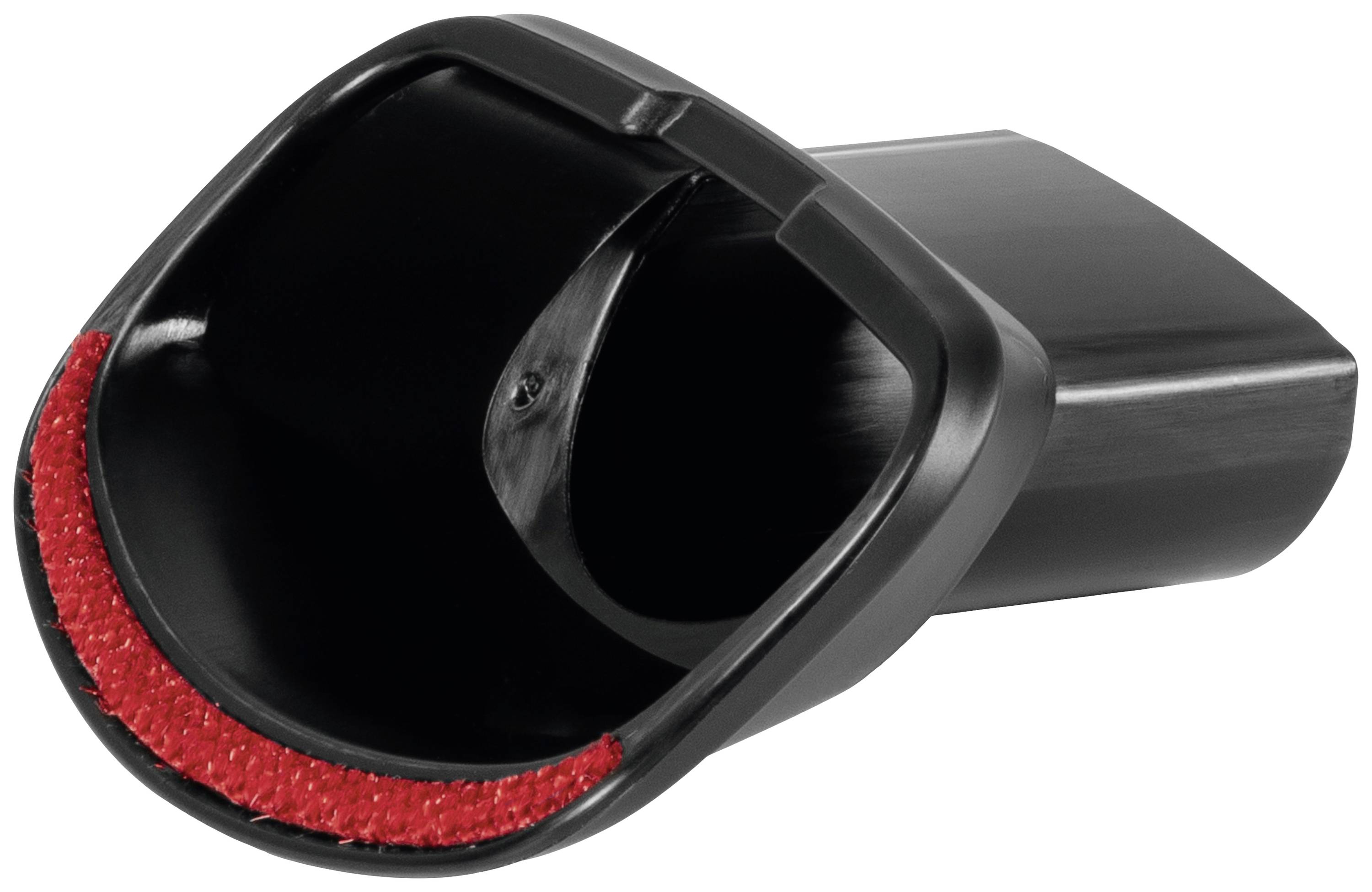 Schwarzes Kunststoffteil mit roter Textilleiste am Rand, möglicherweise ein Teil eines Autointerieurs oder Befestigungselements.