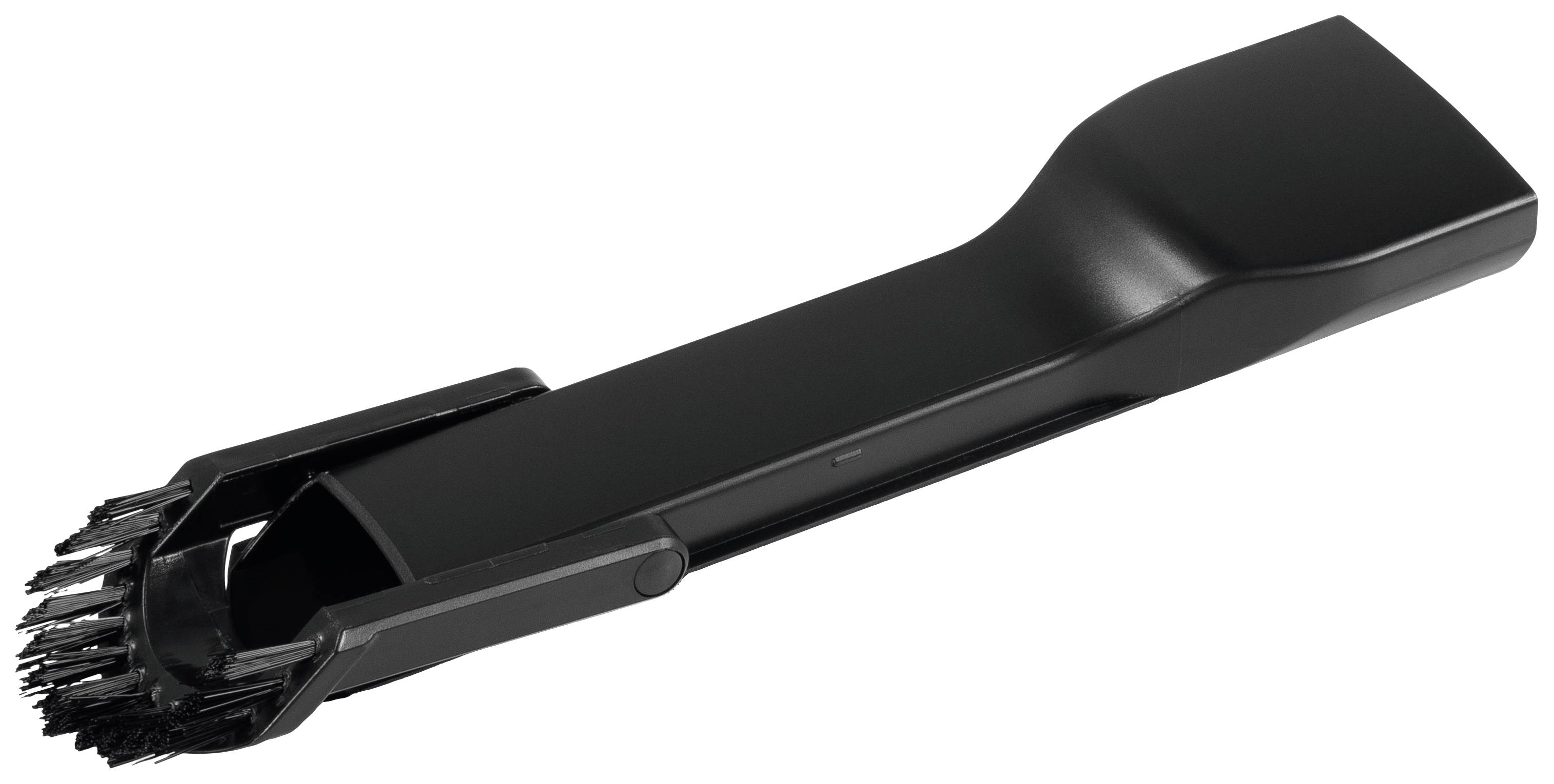 Ein schwarzer Staubsaugeraufsatz mit Bürste. Geeignet zur Reinigung von Ecken und Kanten.