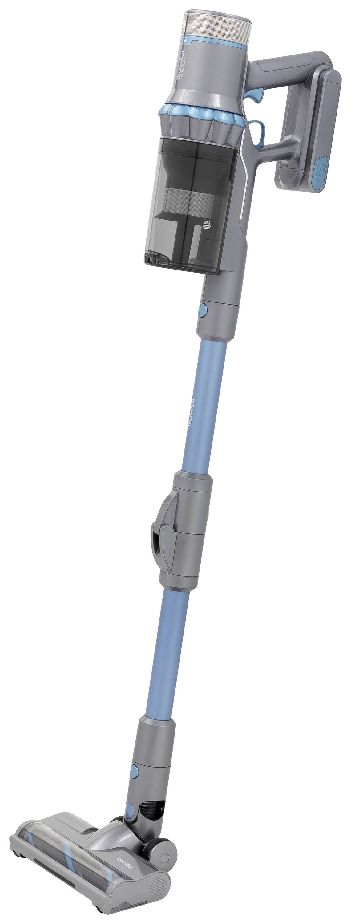 Schnurloser Stabstaubsauger aufrecht stehend, mit grauem und blauem Design, geeignet für Hartböden und Teppiche.