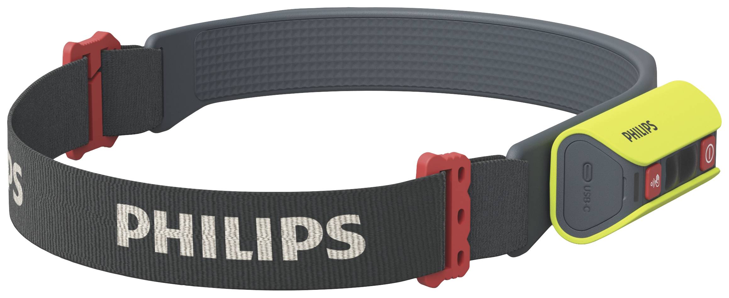 'Philips'-Stirnlampe mit verstellbarem Band und gelbem Gehäuse. Enthält Schalter zum Ein-/Ausschalten an der Seite.