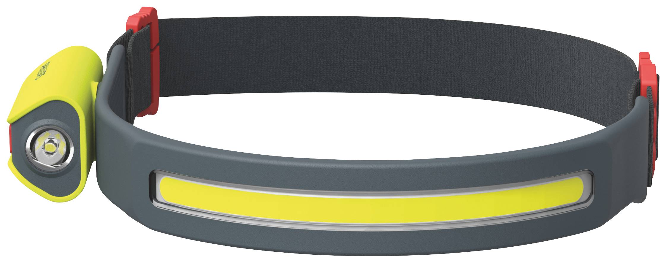 Einfaches Stirnband in Grau mit gelbem, leuchtendem Streifen und seitlich angebrachter kleiner Lampe. Ideal für outdoor Aktivitäten bei Dunkelheit.