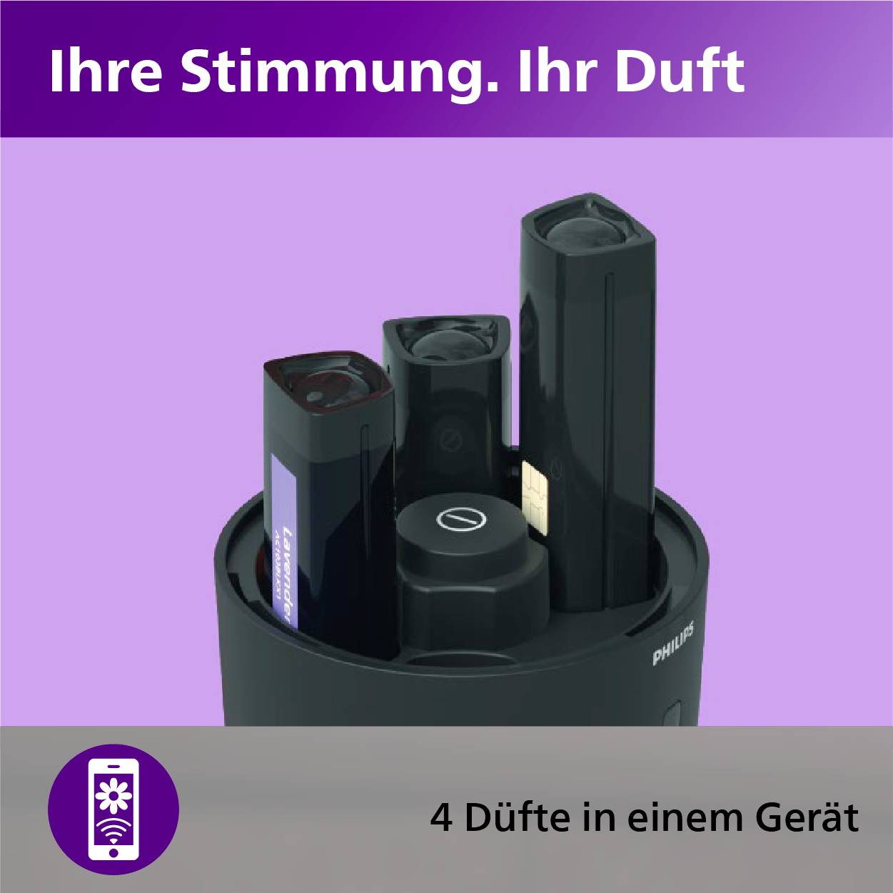 'Lufterfrischer mit vier Düften' auf lila Hintergrund. Oben steht 'Ihre Stimmung. Ihr Duft', unten '4 Düfte in einem Gerät'.