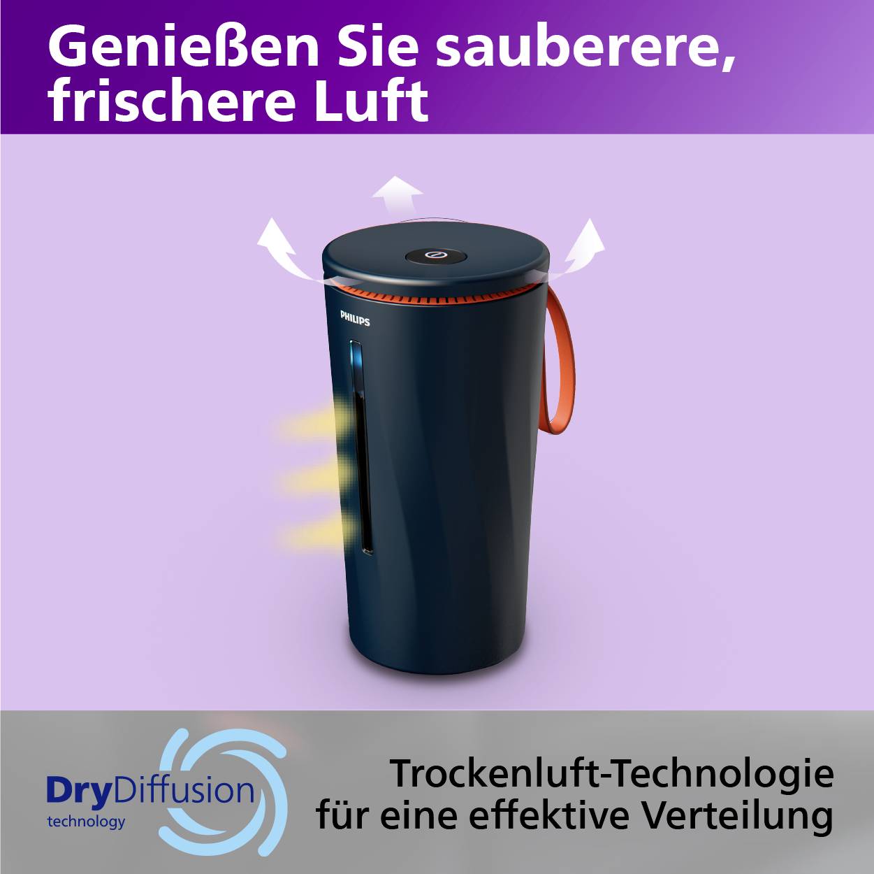 Luftreiniger mit Text: Genießen Sie sauberere, frischere Luft. Trockenluft-Technologie für eine effektive Verteilung.