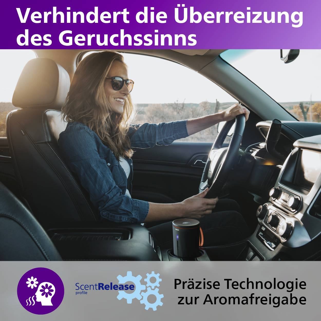 Frau in Auto mit Sonnenbrille lächelnd. Text oben: 'Verhindert die Überreizung des Geruchssinns'. Unten: 'Präzise Technologie zur Aromafreigabe'.