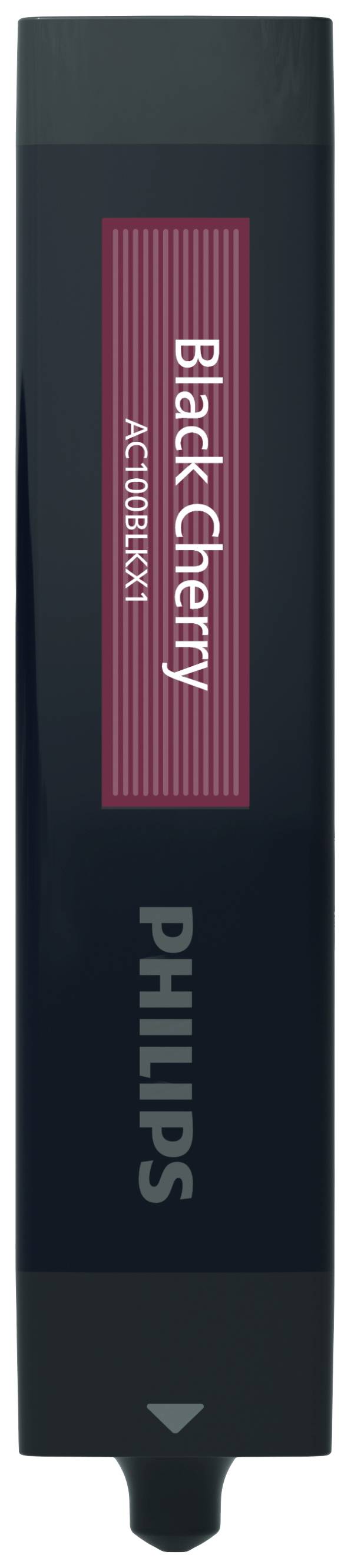 Schwarze elektronische Zigarette mit rotem Etikett 'Black Cherry A-C 100204XXI', Marke Philips, Geschmacksrichtung „Schwarzkirsche“.