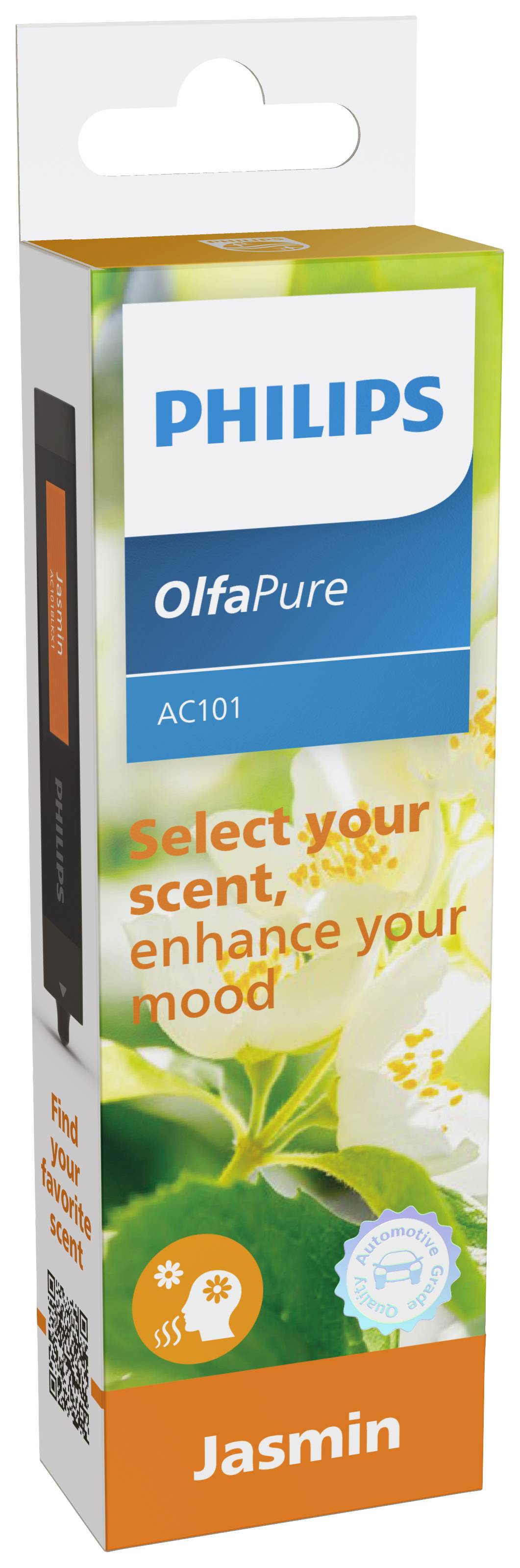 Verpackung von Philips OlfaPure AC101 mit Jasmin-Duft. Hebt hervor: 'Select your scent, enhance your mood'. Florales Design.
