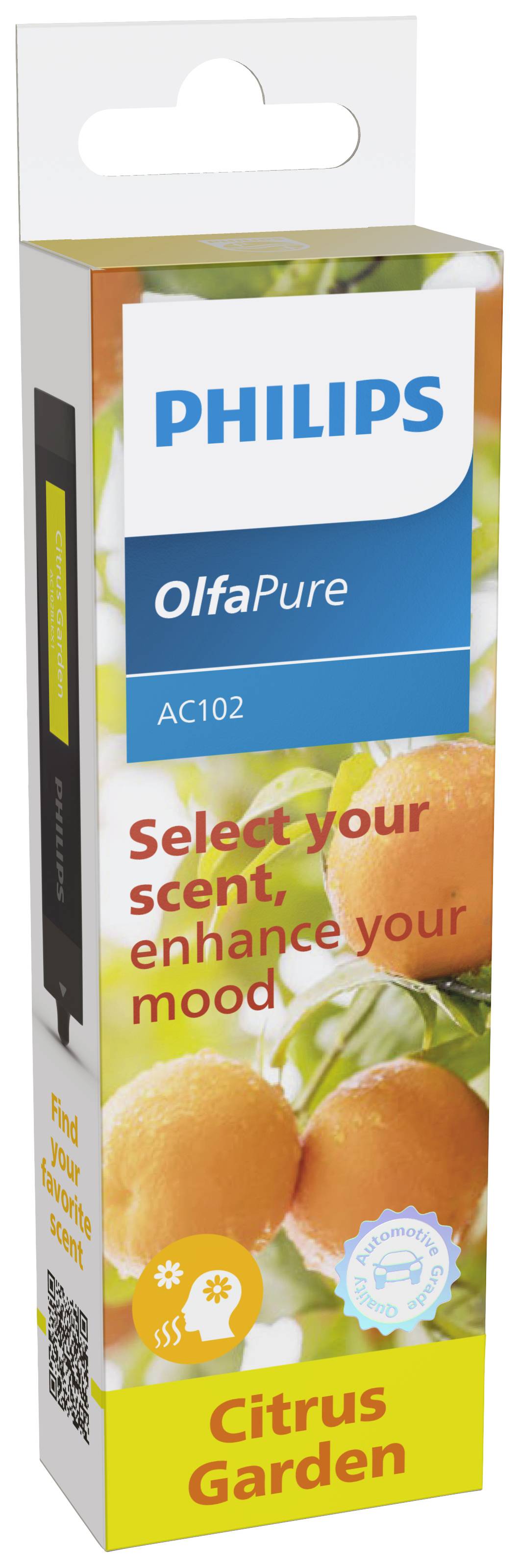 Luftauffrischer-Verpackung von Philips OlfaPure AC102 mit Zitrusduft. Text auf der Verpackung: 'Select your scent, enhance your mood. Citrus Garden.'