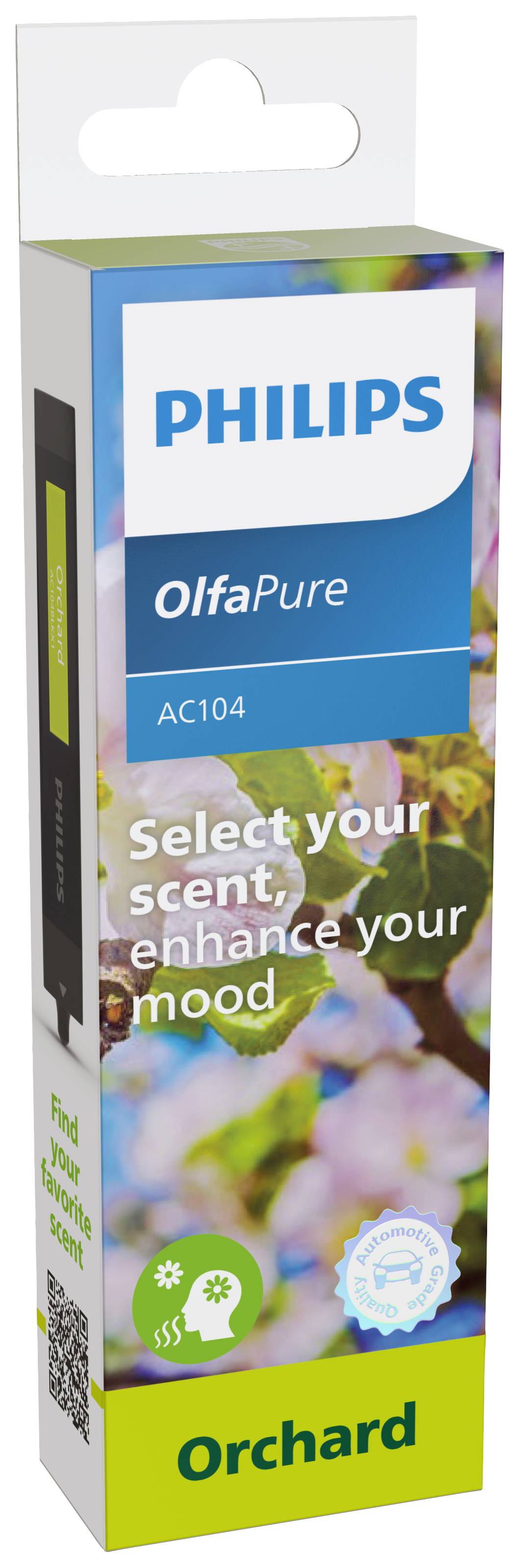 Verpackung eines Philips OlfaPure AC104 Raumdufts in der Duftrichtung 'Orchard'. Vorderseite zeigt blühende Blumen und das Philips-Logo.