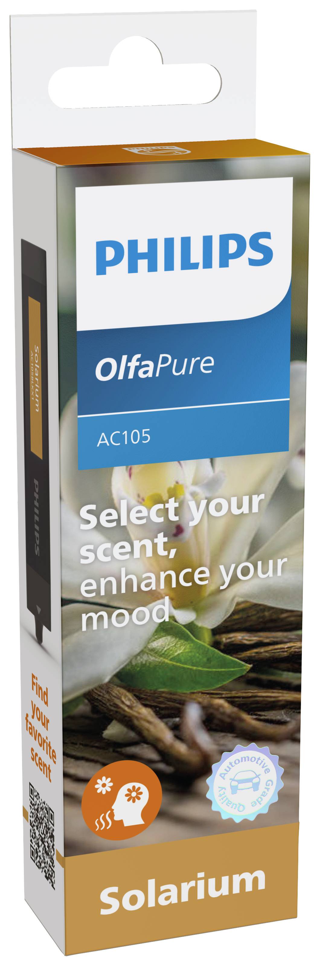Verpackung eines Duftkannisters mit der Aufschrift 'PHILIPS OlfaPure'. Duftnote 'Solarium'. Slogan: 'Select your scent, enhance your mood'.