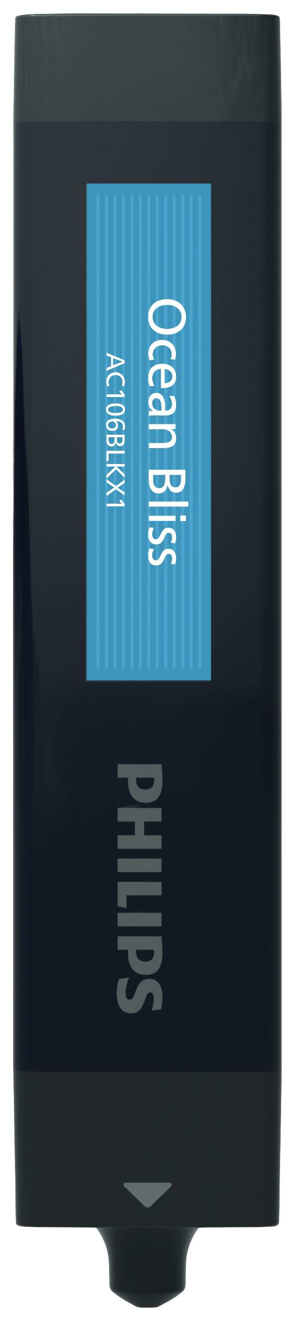 Ein rechteckiger Philips-Duftspender mit der Aufschrift 'Ocean Bliss'. Dunkle Farbe mit blauem Etikett in der Mitte.