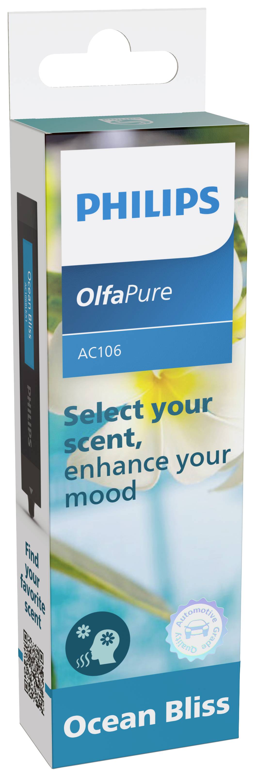 'Philips OlfaPure Ocean Bliss' Raumdüfterverpackung mit blauer und grüner Farbgebung. Text: 'Select your scent, enhance your mood.'