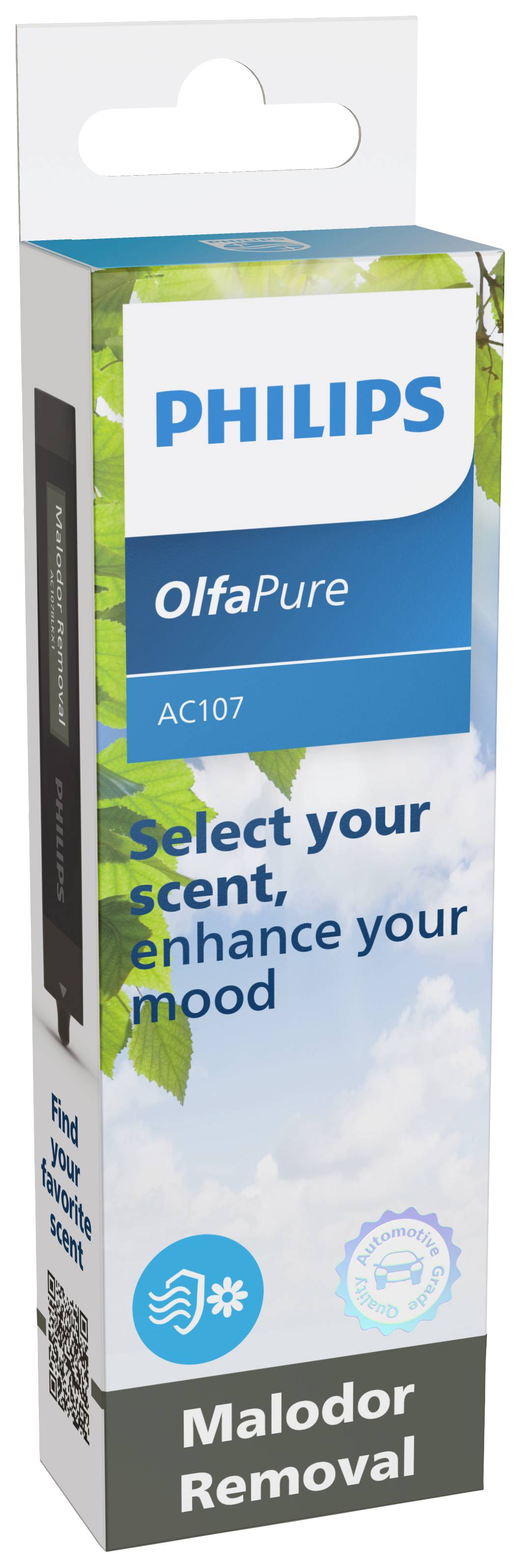 Verpackung eines Philips OlfaPure AC107 Lufterfrischers. Aufschrift: 'Select your scent, enhance your mood'. Hintergrund mit Himmel und Blättern.
