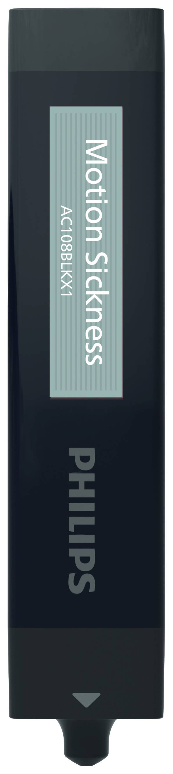 Philips-Produktetikett mit der Aufschrift 'Motion Sickness AC1000B/11'. Schwarzer Hintergrund, vertikales Design.