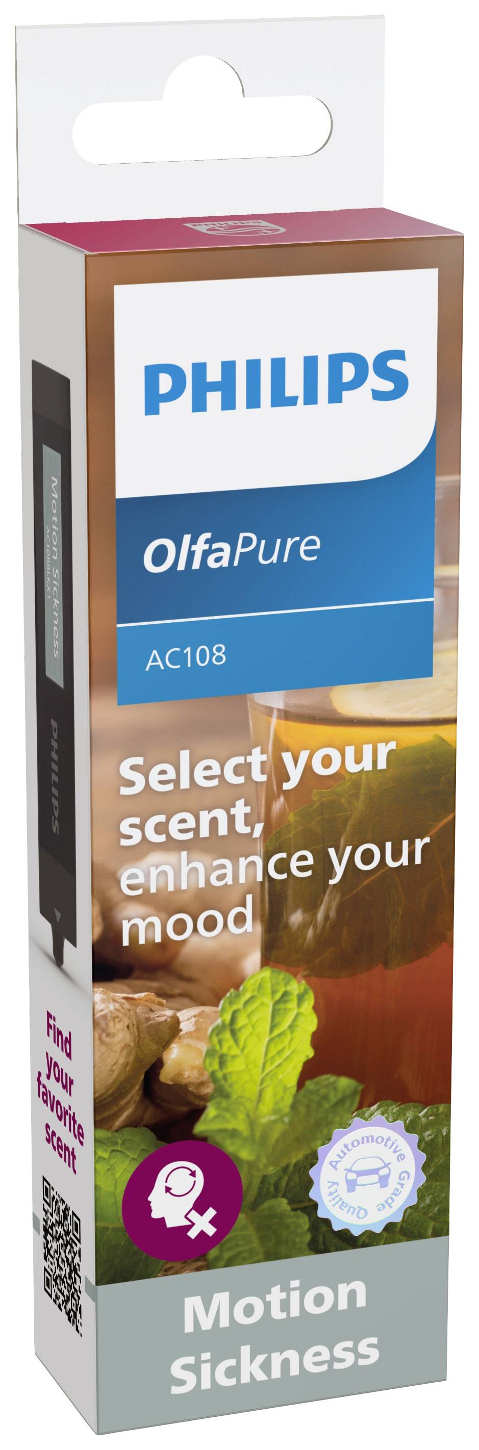 Philips OlfaPure AC108 Verpackung mit Text 'Select your scent, enhance your mood'. Thema: Bewegungskrankheit. Enthält Ingwer-Abbildung.