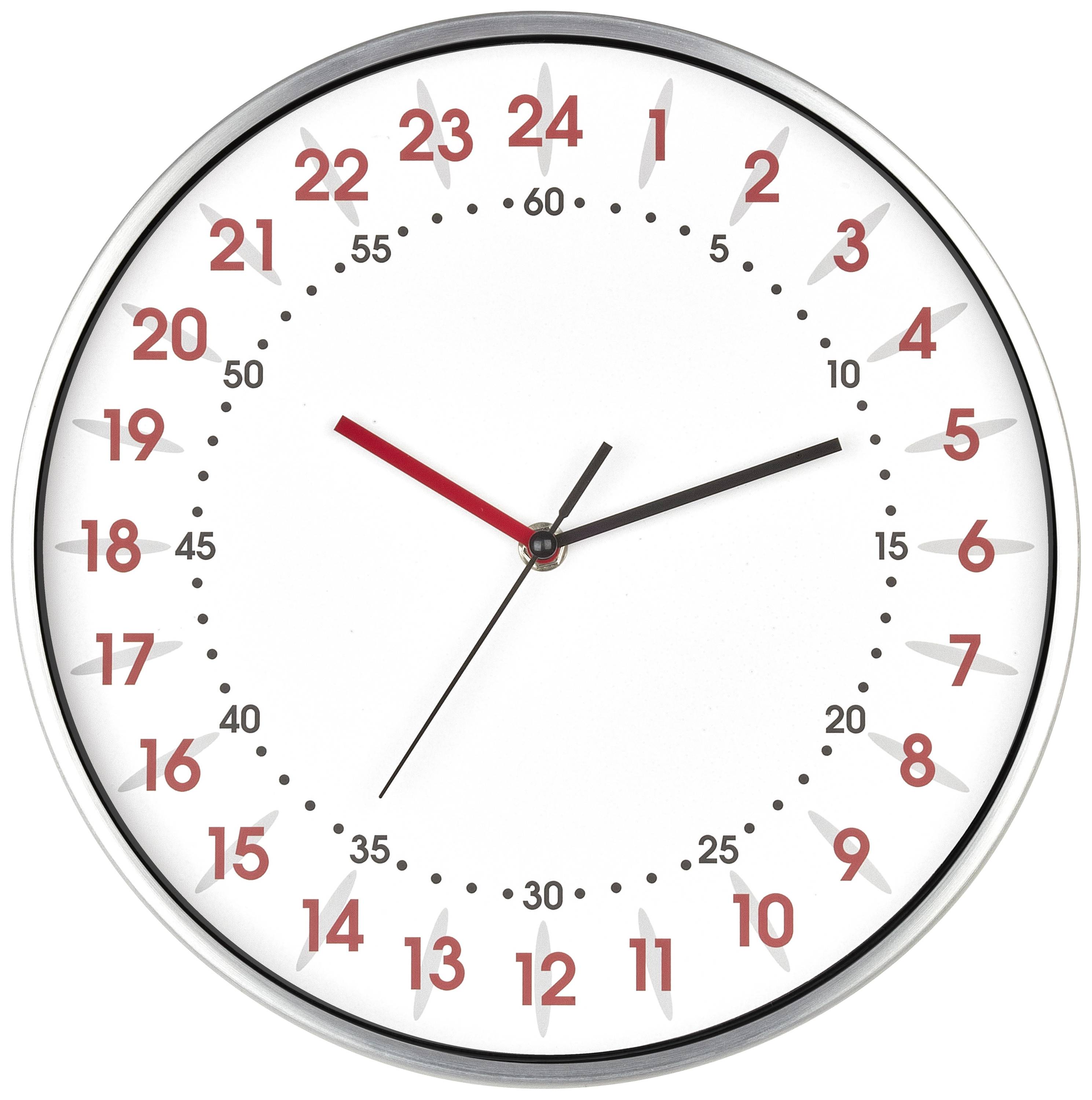 Analoge Uhr mit 24-Stunden-Zifferblatt. Die Stunden 13 bis 24 sind in Rot, 1 bis 12 in Schwarz gekennzeichnet. Uhr zeigt 10:10 Uhr.