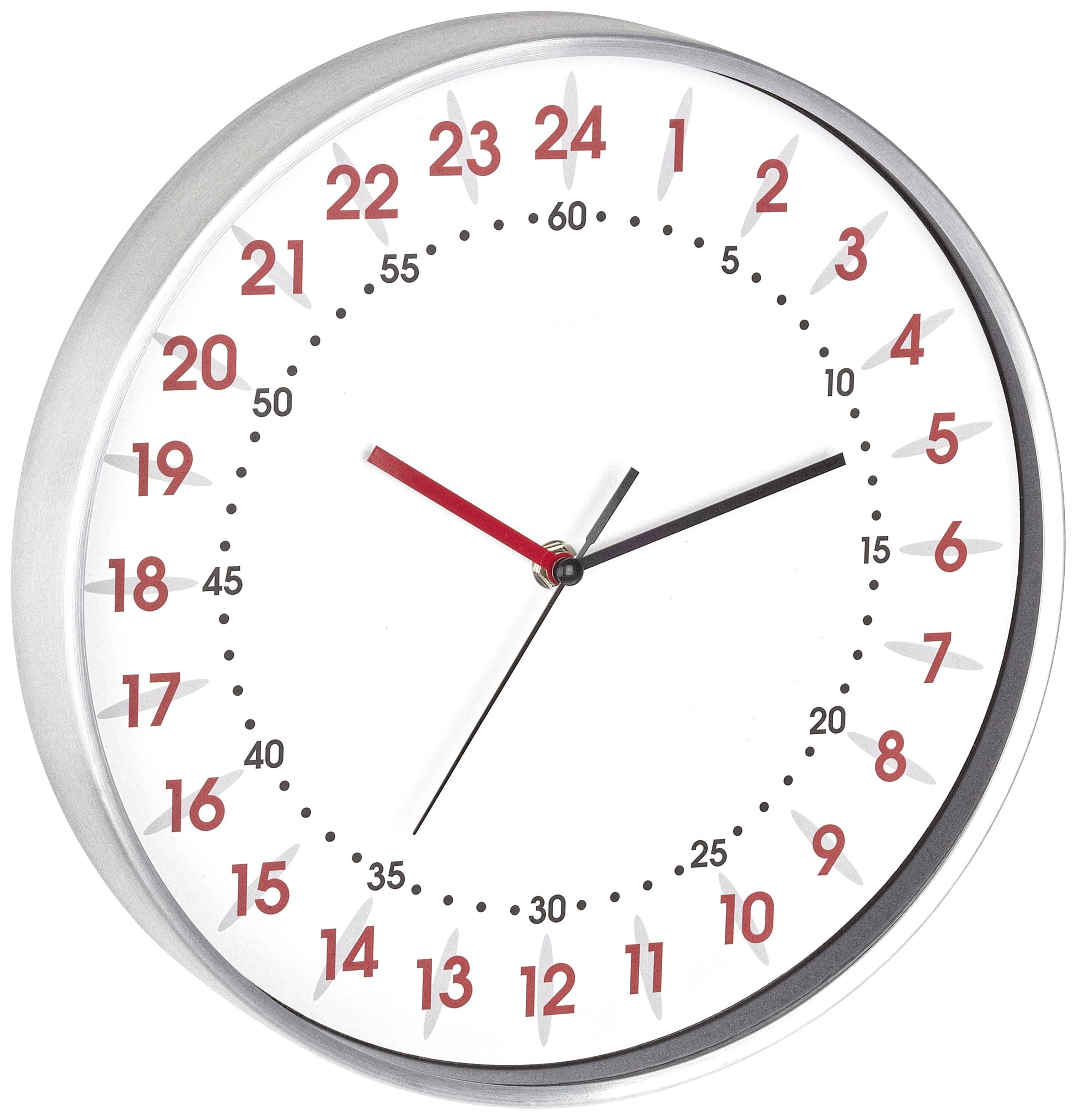 Analoge Wanduhr mit 24-Stunden-Anzeige. Die Stunden sind rot, Minuten und Sekunden schwarz markiert. Uhrzeit zeigt 10:10.