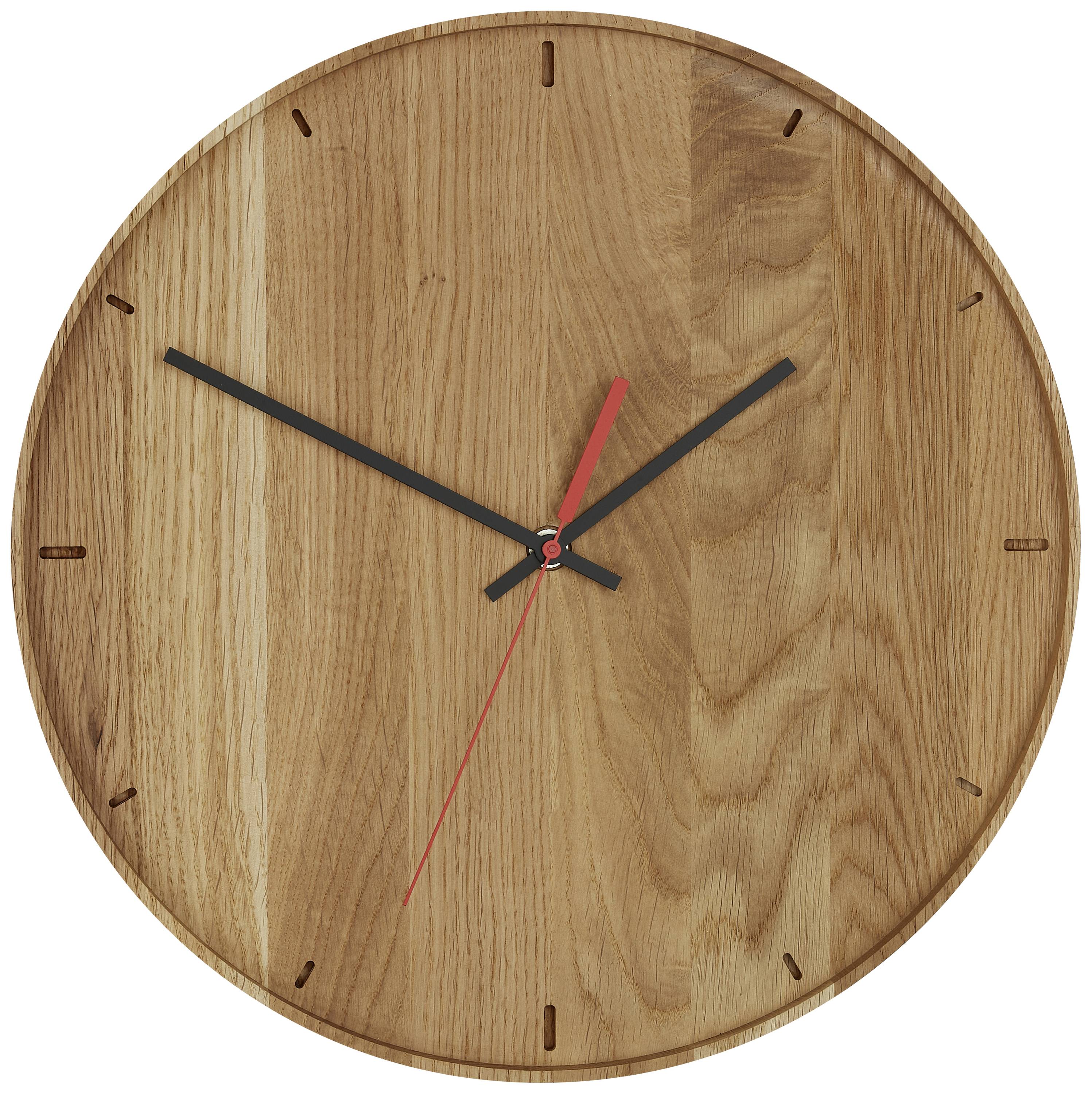 Eine runde Wanduhr aus Holz mit schwarzen Stunden- und Minutenzeigern sowie einem roten Sekundenzeiger. Es gibt keine Zahlen.