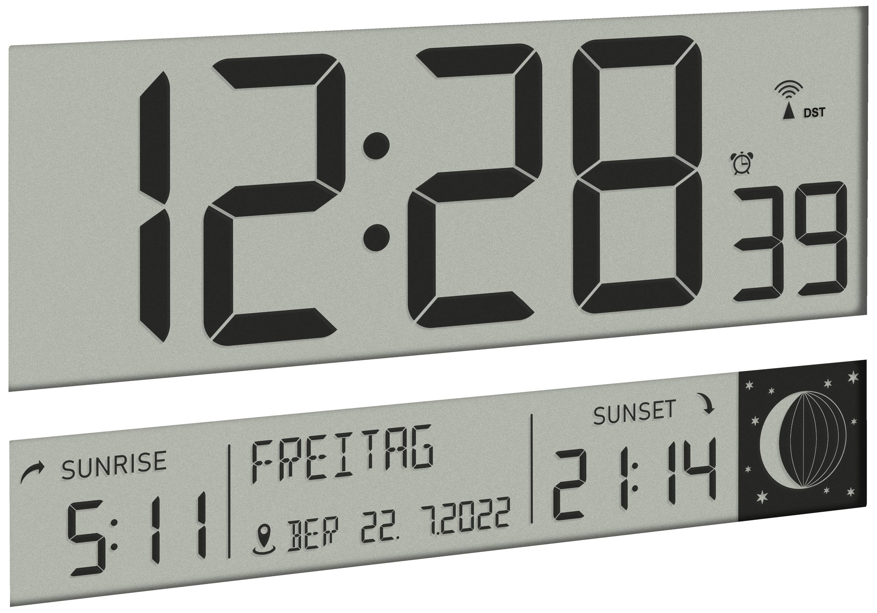 Digitale Wanduhr zeigt '12:28', 'Freitag', '22.7.2022', Sonnenaufgang '5:11', Sonnenuntergang '21:14'. Zeitzonen- und Weckersymbole sichtbar.