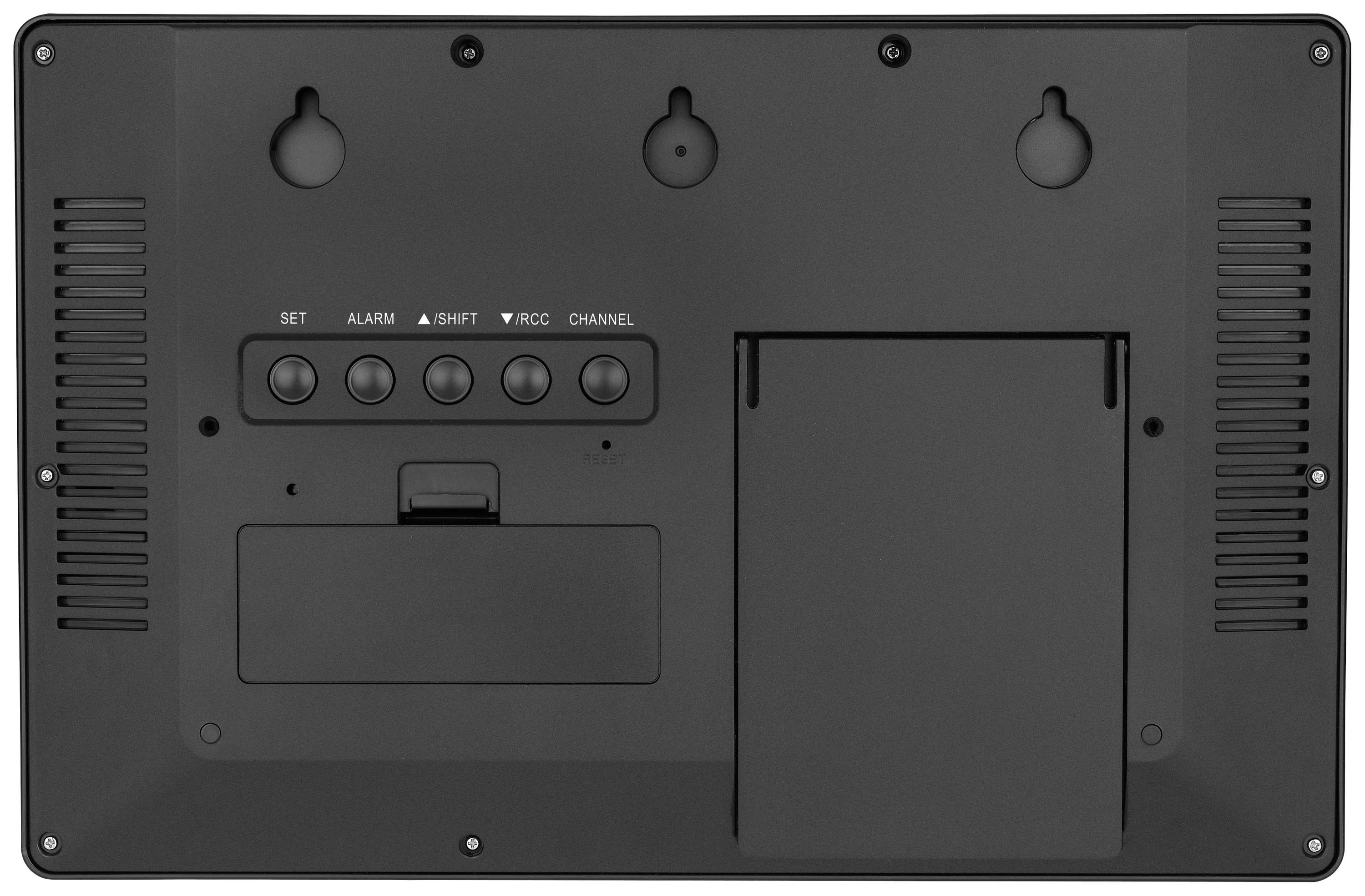 Rückseite eines elektronischen Geräts mit Bedientasten und abnehmbarer Abdeckung, vermutlich zur Zugriffskontrolle oder Batteriefach.