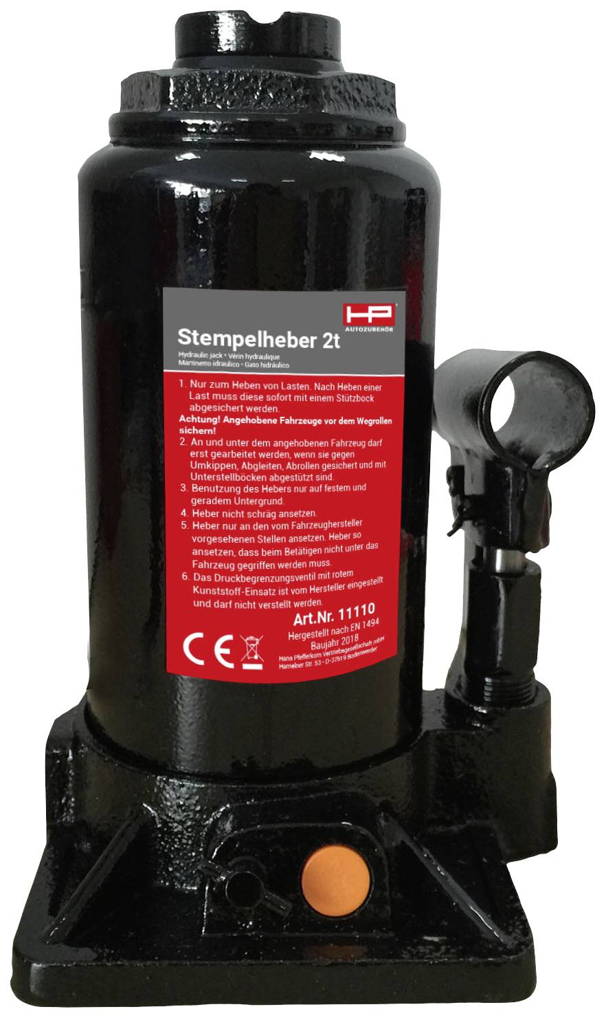 Ein schwarzer hydraulischer Stempelheber mit rotem Etikett zeigt Sicherheits- und Betriebsanweisungen für das Heben bis zu 2 Tonnen.