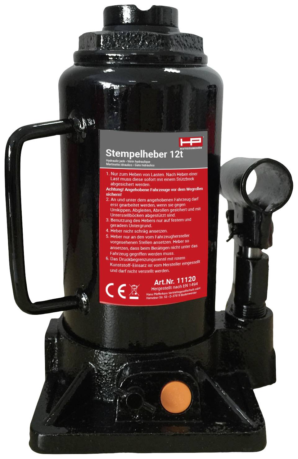 Hydraulischer Stempelheber mit Griff, schwarzes Metall, rotes Label mit Anweisungen. Maximale Tragkraft 12 Tonnen.