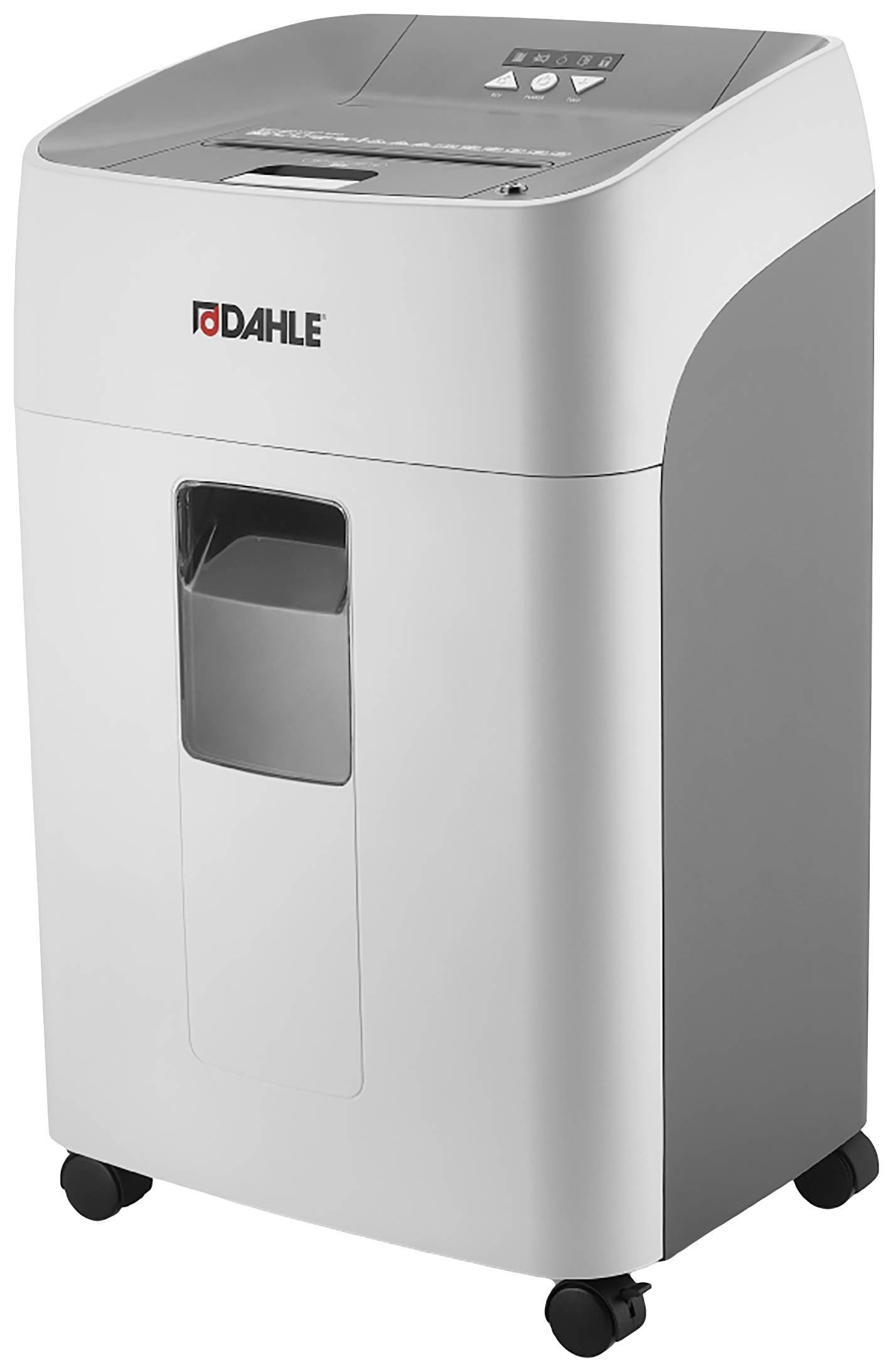 Ein grauer Aktenvernichter auf Rollen mit sichtbarem Papierfach oben. Geeignet für den Einsatz in Büros zur sicheren Aktenvernichtung.