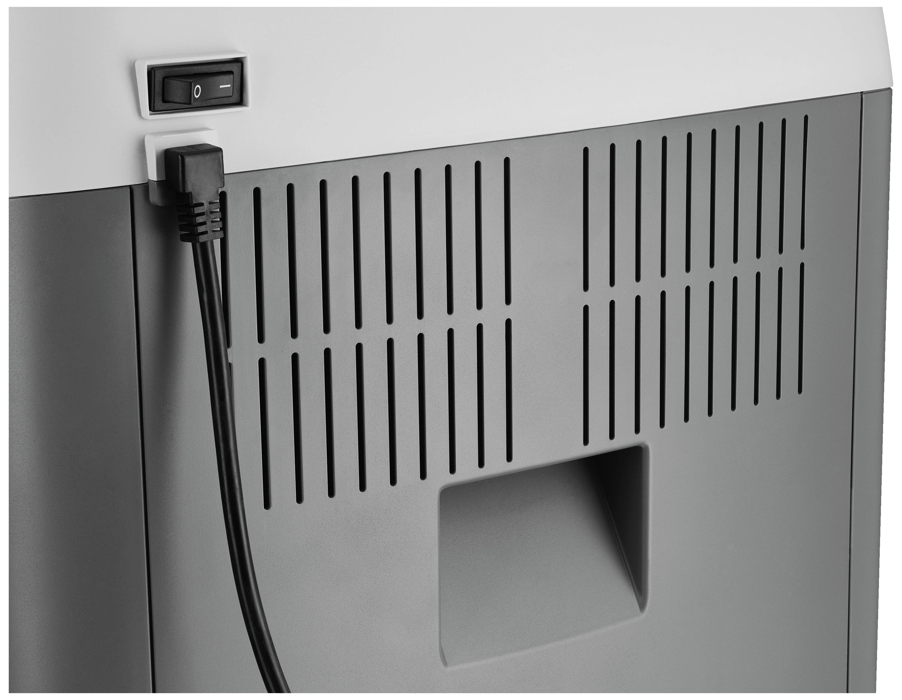 Ein Drucker von hinten mit Netzkabel und Netzschalter oben links, zeigt Lüftungsschlitze und eine Mulde zur besseren Handhabung.