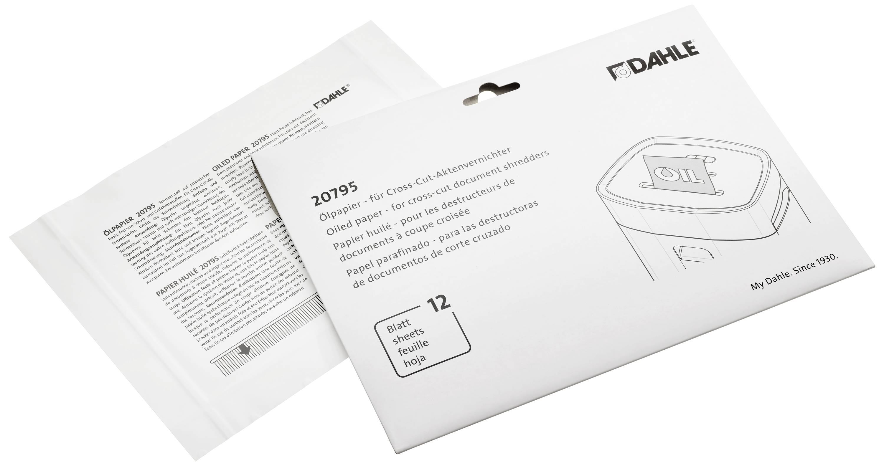 'DAHLE' Umschlag mit Aufschrift '20795'. Enthält Papier zum Schärfen von Schneidwellen. Design zeigt Papierkorb-Symbol.