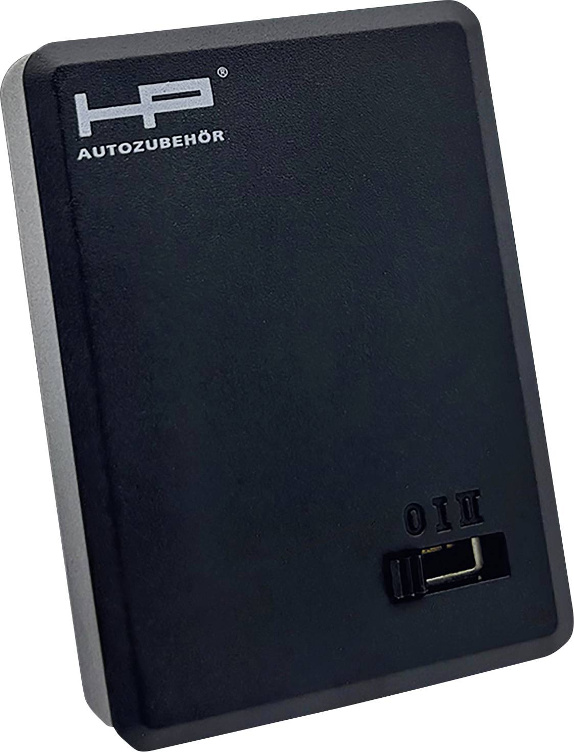 Schwarze Auto-Zubehörbox mit 'HP Autozubehör' Logo, ausgestattet mit einem USB-Anschluss und einem Schalter mit den Beschriftungen 'I' und 'O'.