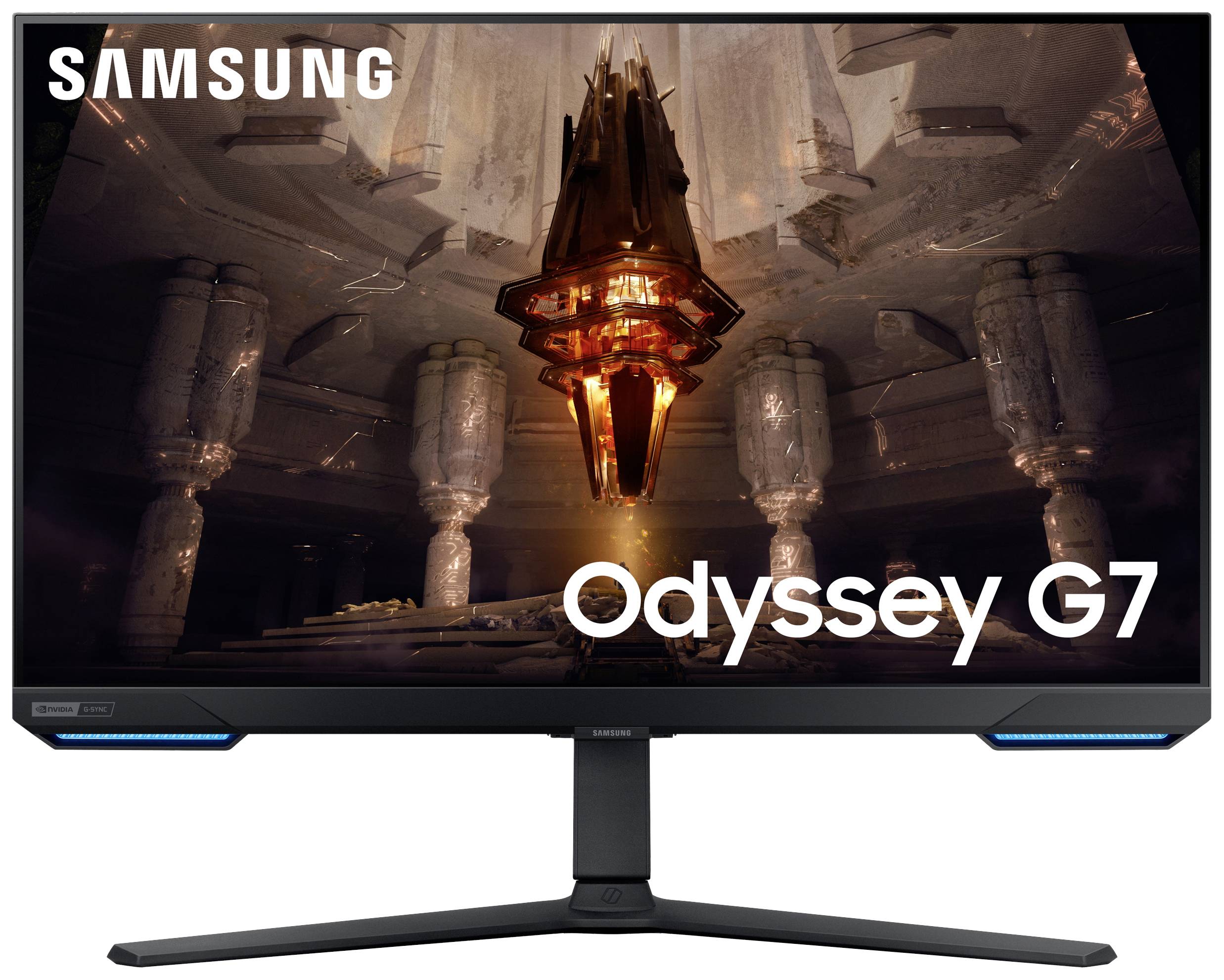 'Samsung Odyssey G7' Monitor mit futuristischer Szenerie auf dem Bildschirm und markanten blauen Akzentlichtern an der Basis.