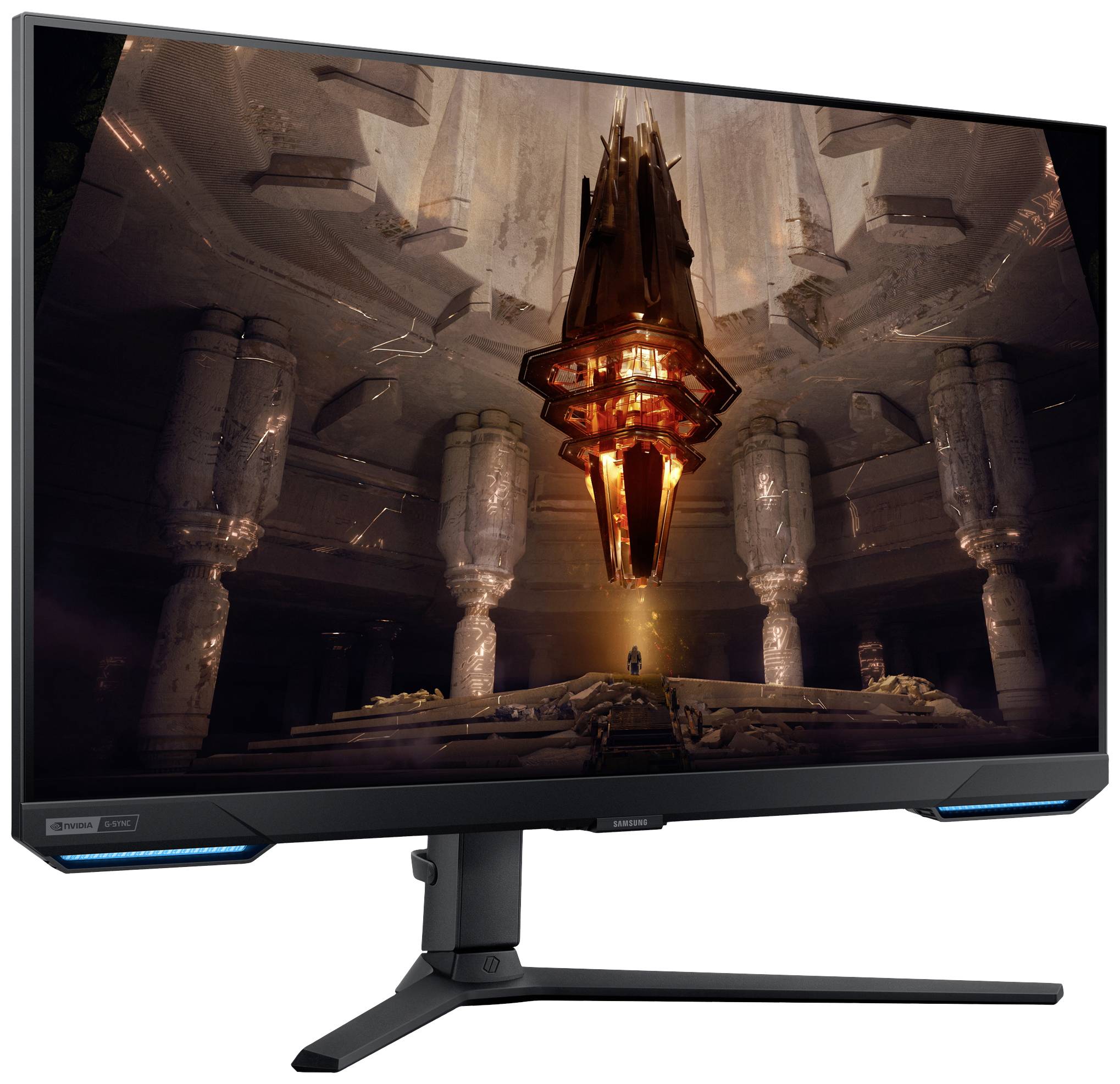 Ein Computerbildschirm zeigt ein futuristisches, beleuchtetes Ambiente mit eleganten Strukturen und warmen Farbtönen. Im Mittelpunkt steht ein schwebendes Objekt.