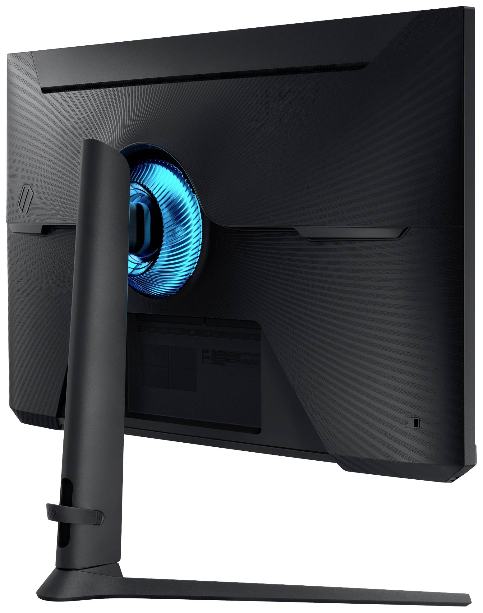 Rückansicht eines modernen Computerbildschirms mit blau beleuchtetem Kreis in der Mitte, auf einem einfachen, stilvollen Standfuß.