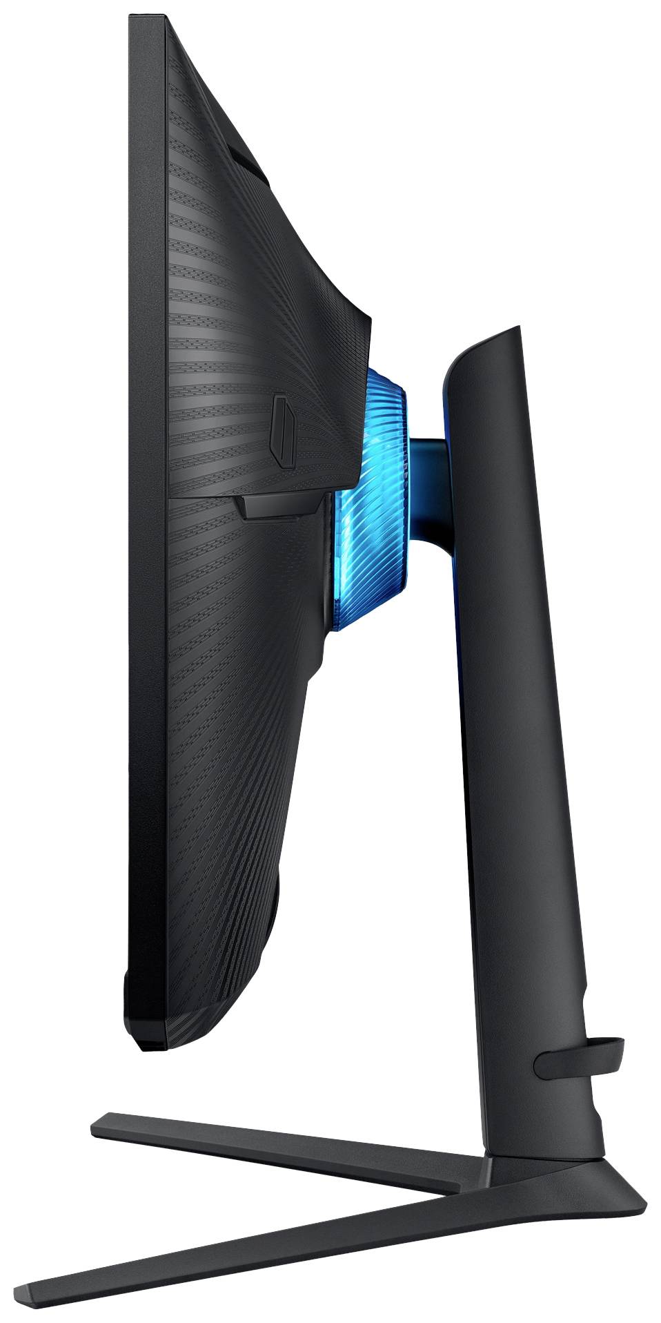 Seitenansicht eines schwarzen Computermonitors mit gebogenem Bildschirm und blau beleuchtetem Rückenteil. Der Monitor steht auf einem stabilen Standfuß.