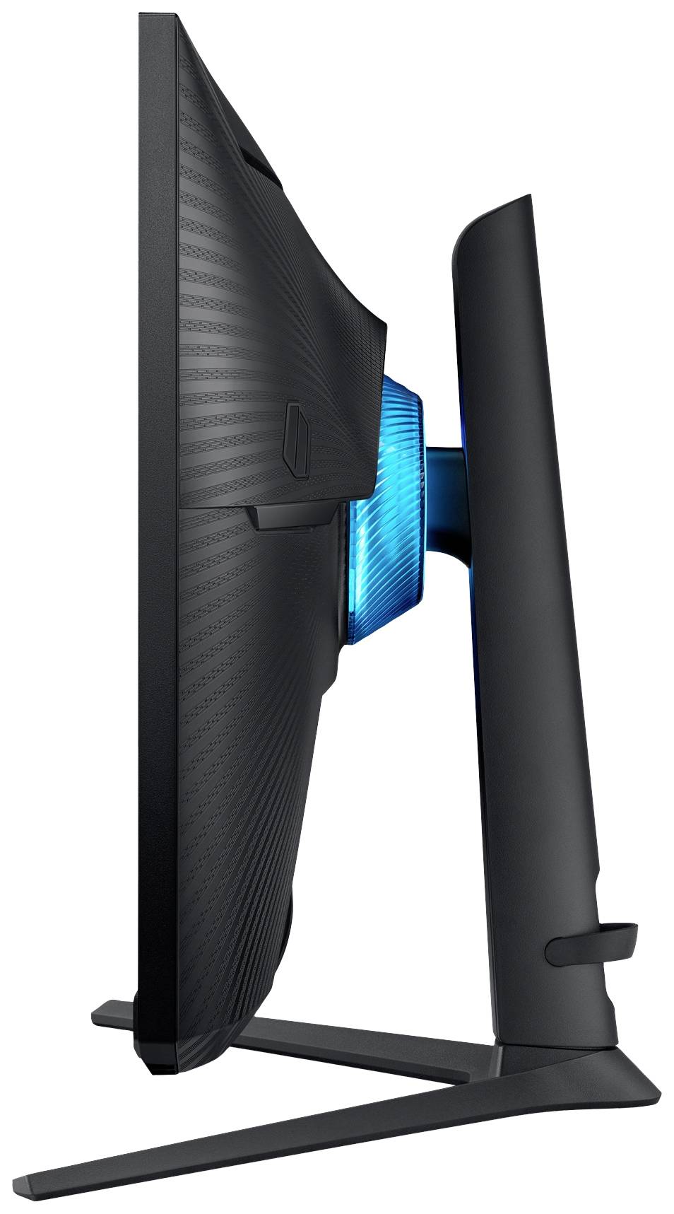 Seitliche Ansicht eines schwarzen Computerbildschirms mit blau beleuchteter Rückseite auf einem Ständer.