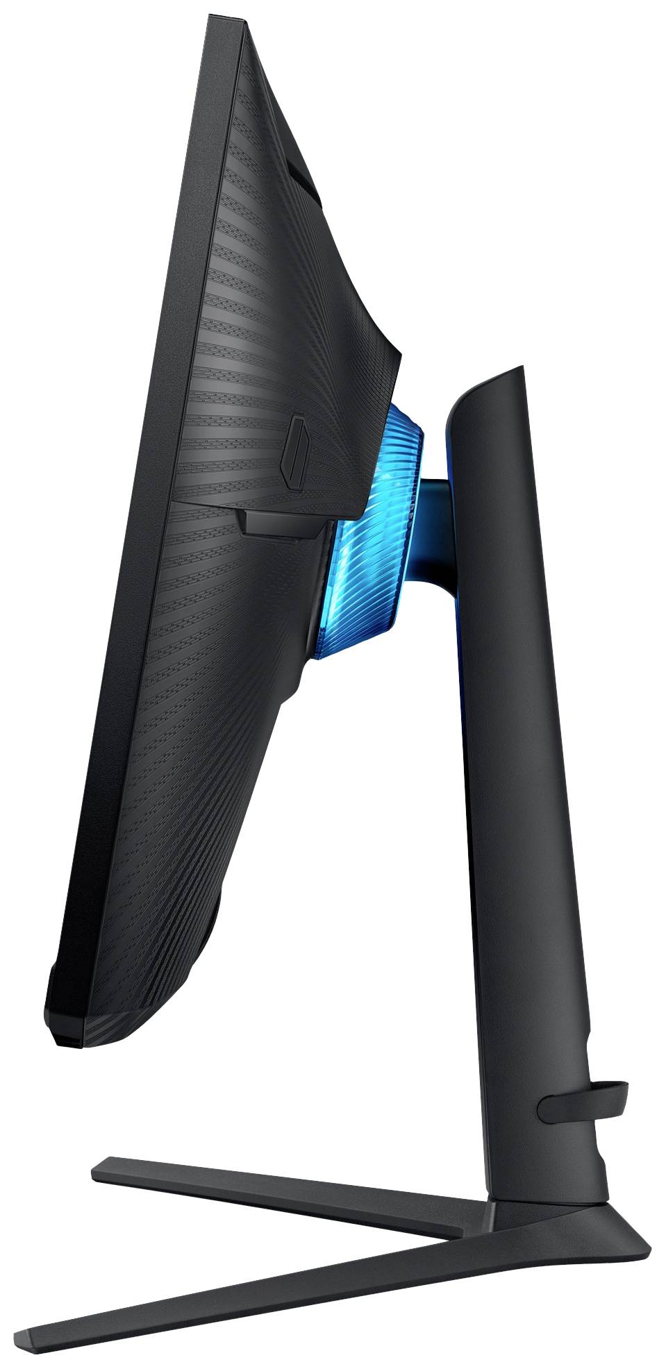 Ein seitlicher Blick auf einen modernen schwarzen Computermonitor, der auf einem Standfuß steht. Die Rückseite leuchtet blau.
