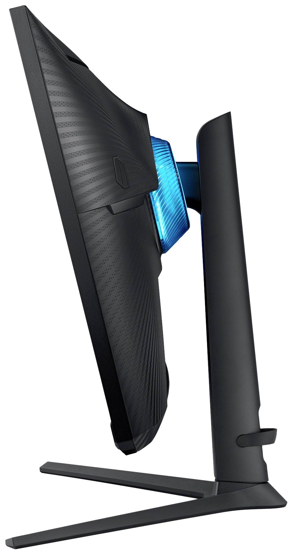 Ein seitlich abgebildeter, schwarzer Computermonitor mit blau leuchtendem Rückenteil. Der Standfuß ist schlank und modern designt.