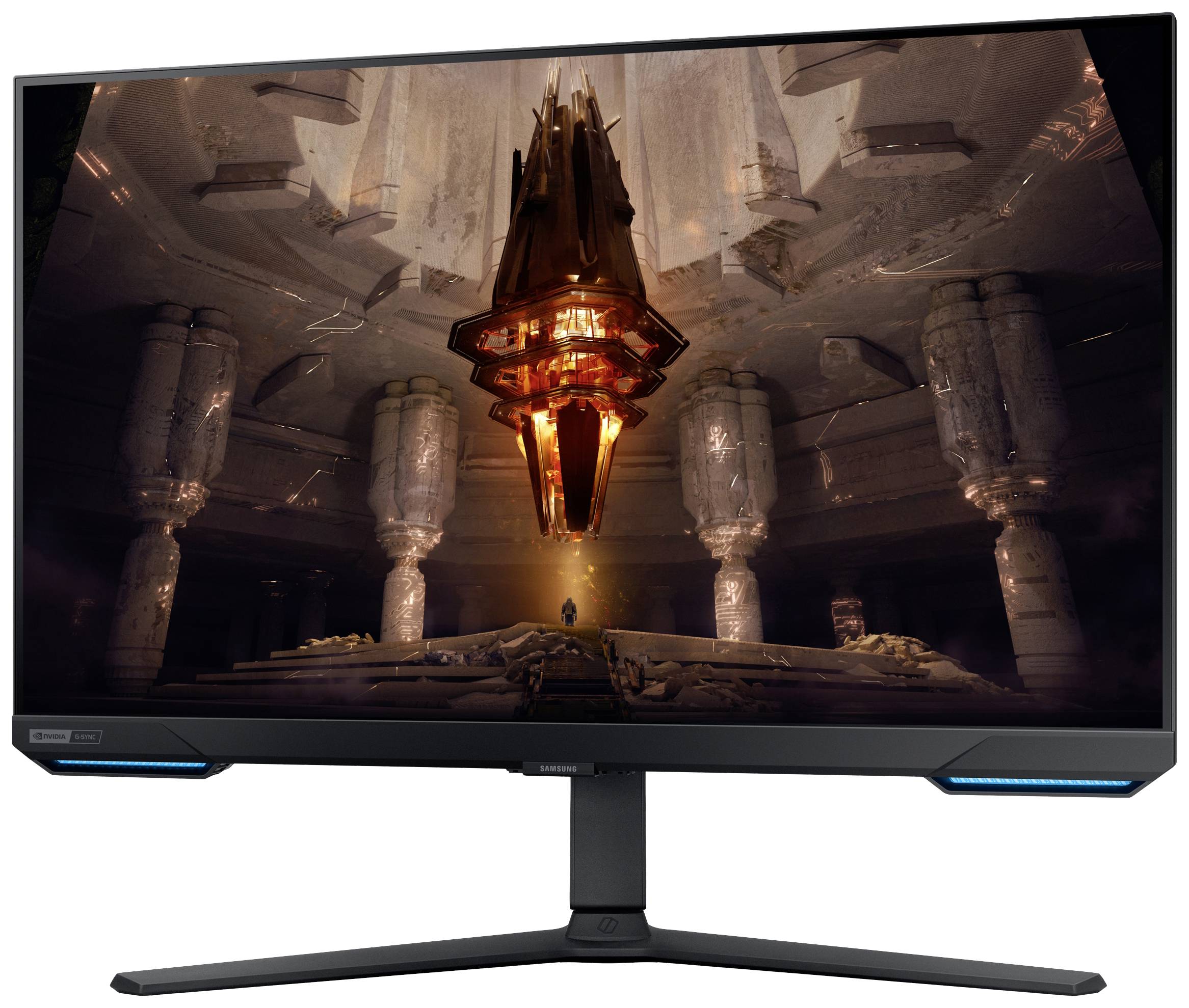 Ein Monitor zeigt ein fiktives Science-Fiction-Szenario mit einem schwebenden, leuchtenden Objekt in einer monumentalen Halle.
