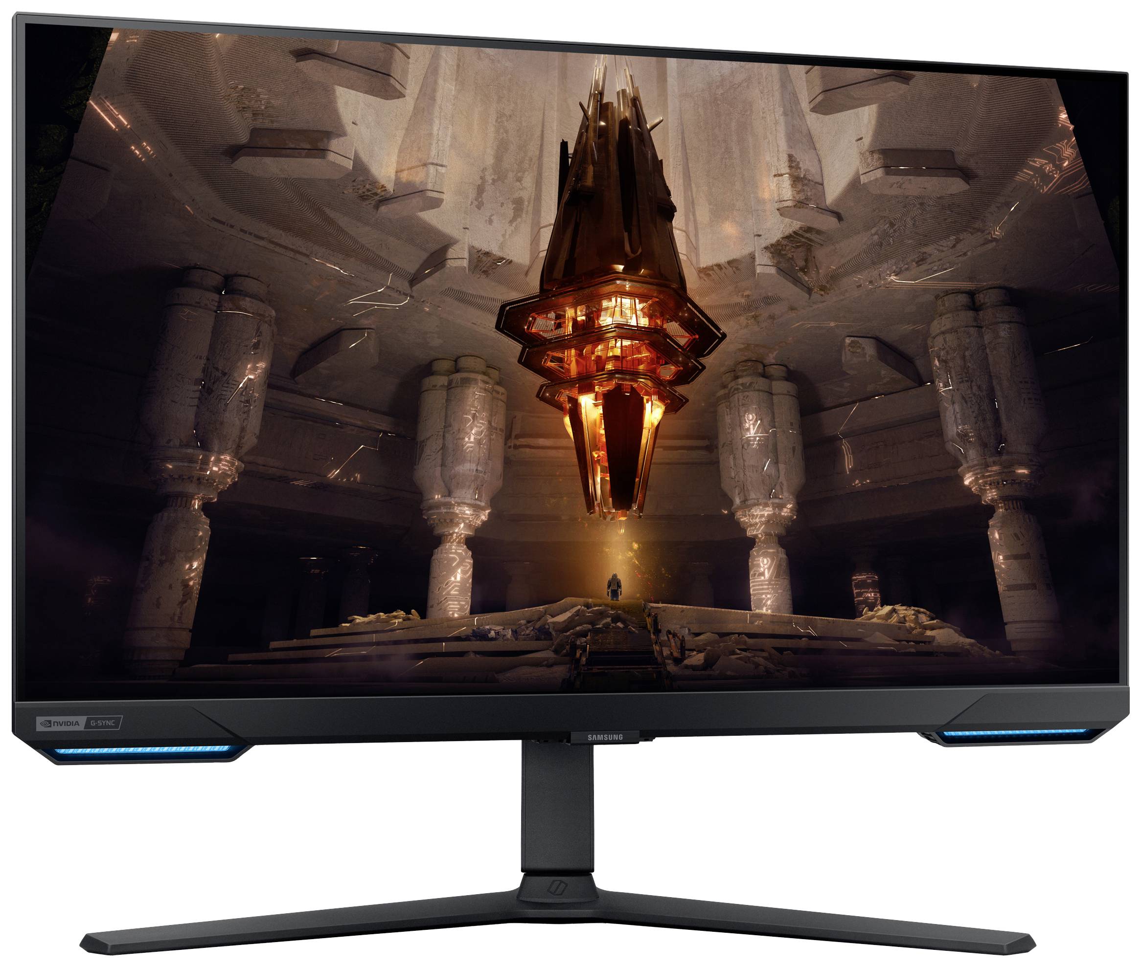 Ein Computermonitor zeigt ein futuristisches, geheimnisvolles Interieur mit einer schwebenden, beleuchteten Struktur und einer Person darunter.