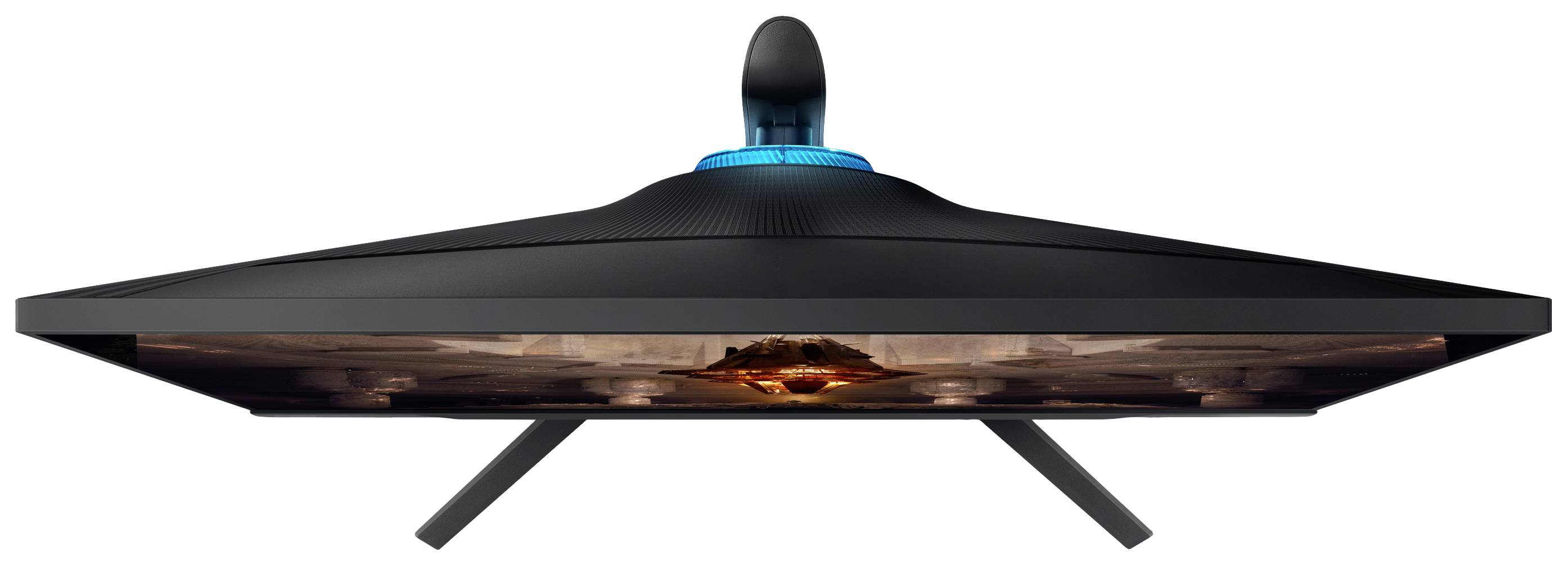 Futuristischer schwarzer Monitor mit blauem Leuchteffekt oben und flammenden Design in der Mitte, auf drei dünnen Ständern.