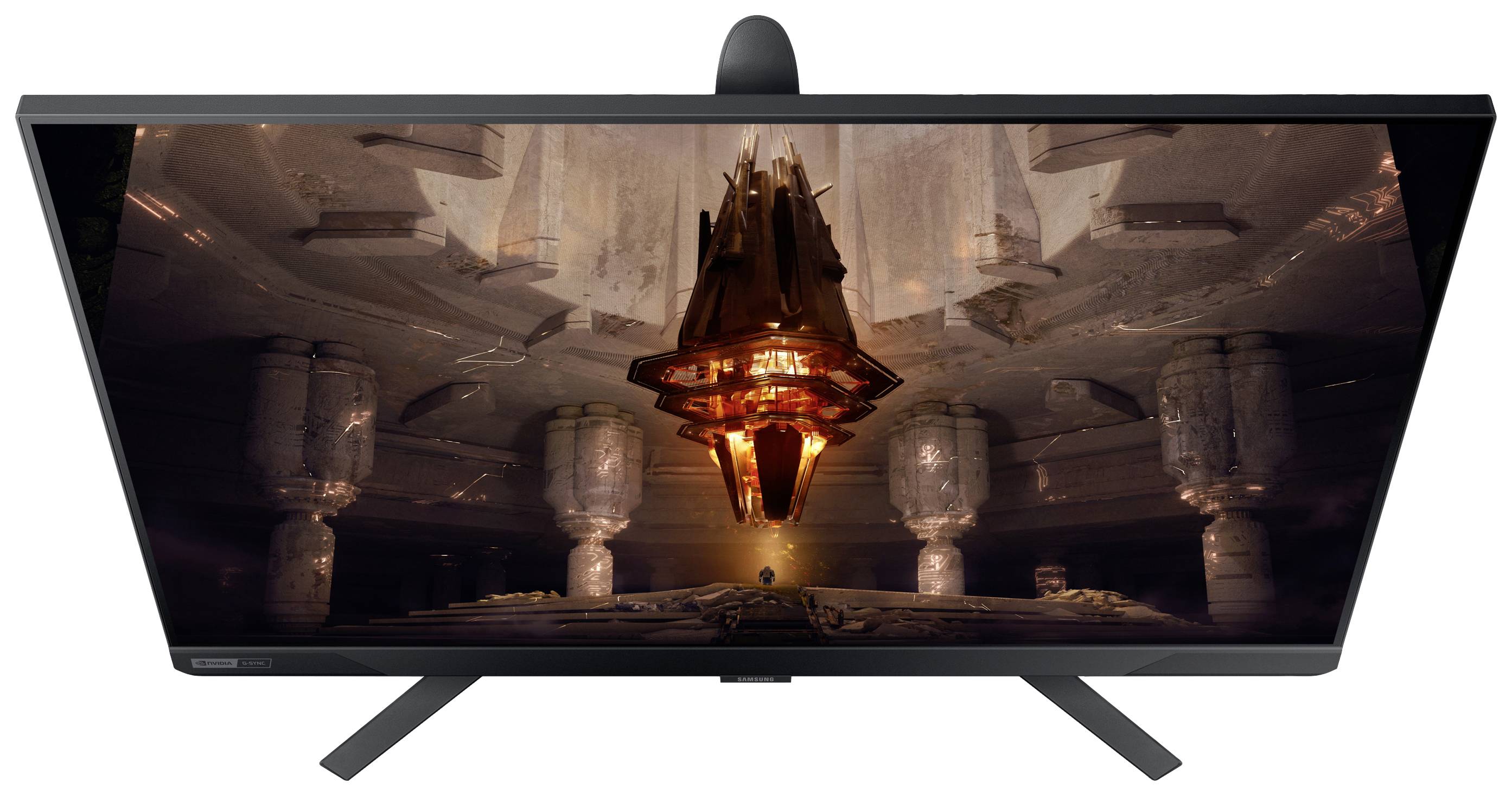 Ein Monitor zeigt eine Szene mit einer schwebenden, leuchtenden Struktur in einer futuristischen Umgebung, die von Säulen umgeben ist.
