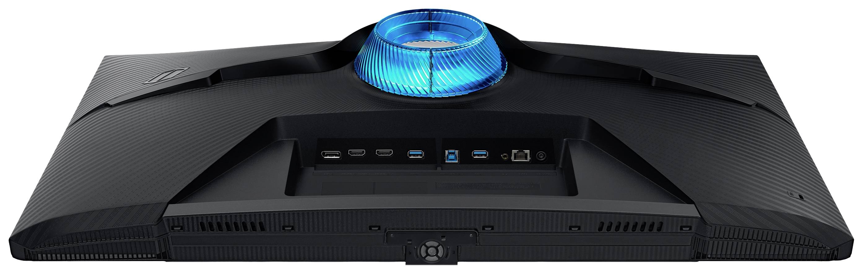 Ein schwarzer Computermonitor von hinten mit einer leuchtend blauen LED-Leuchte oben und mehreren Anschlüssen wie HDMI und USB in der Mitte.