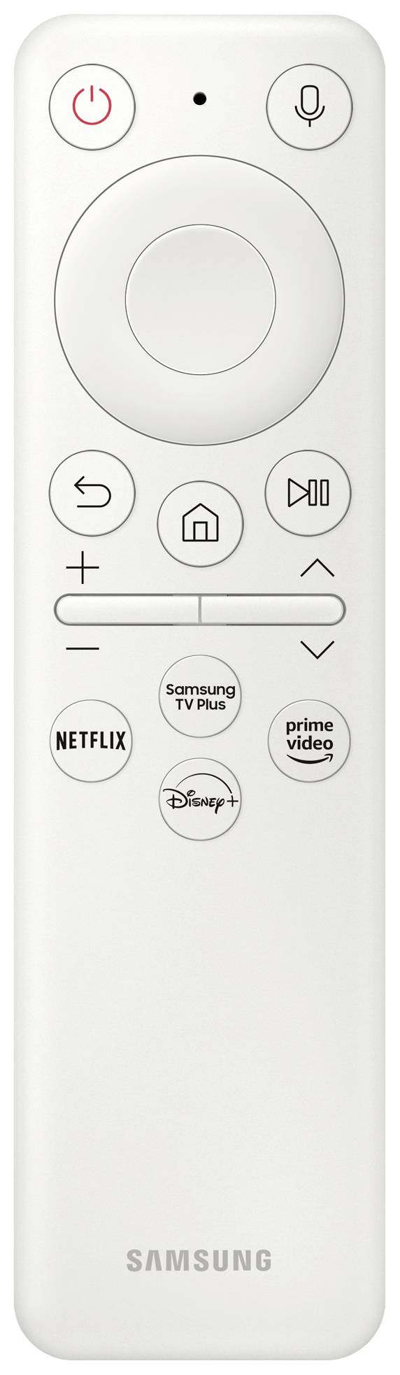 Weiße Fernbedienung mit Tasten für Strom, Lautstärke, Navigation und Schnellzugriff auf Streaming-Dienste wie Netflix und Prime Video.