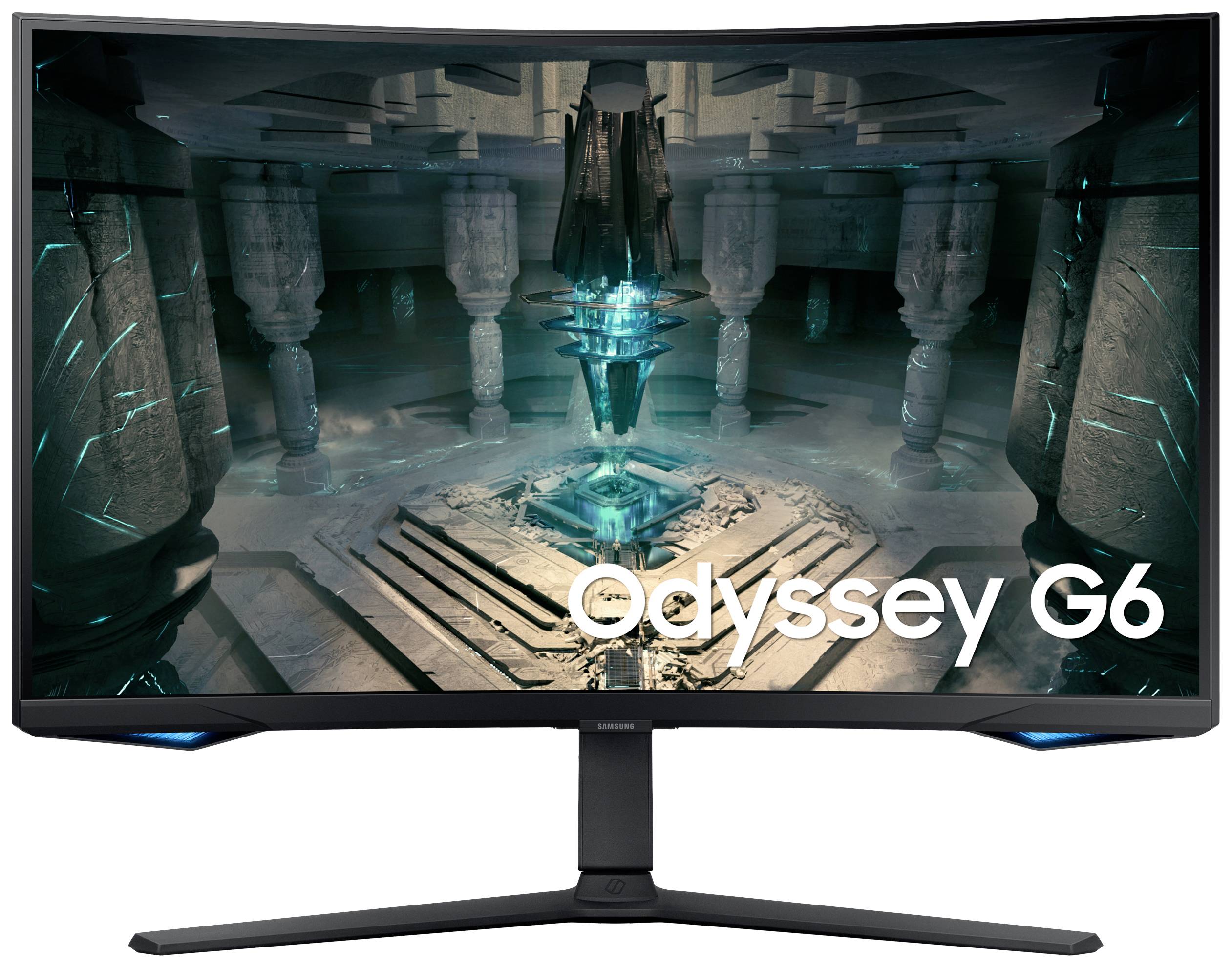 Curved Samsung Odyssey G6 Monitor zeigt ein futuristisches Innere mit leuchtenden Elementen. Text 'Odyssey G6' unten rechts.